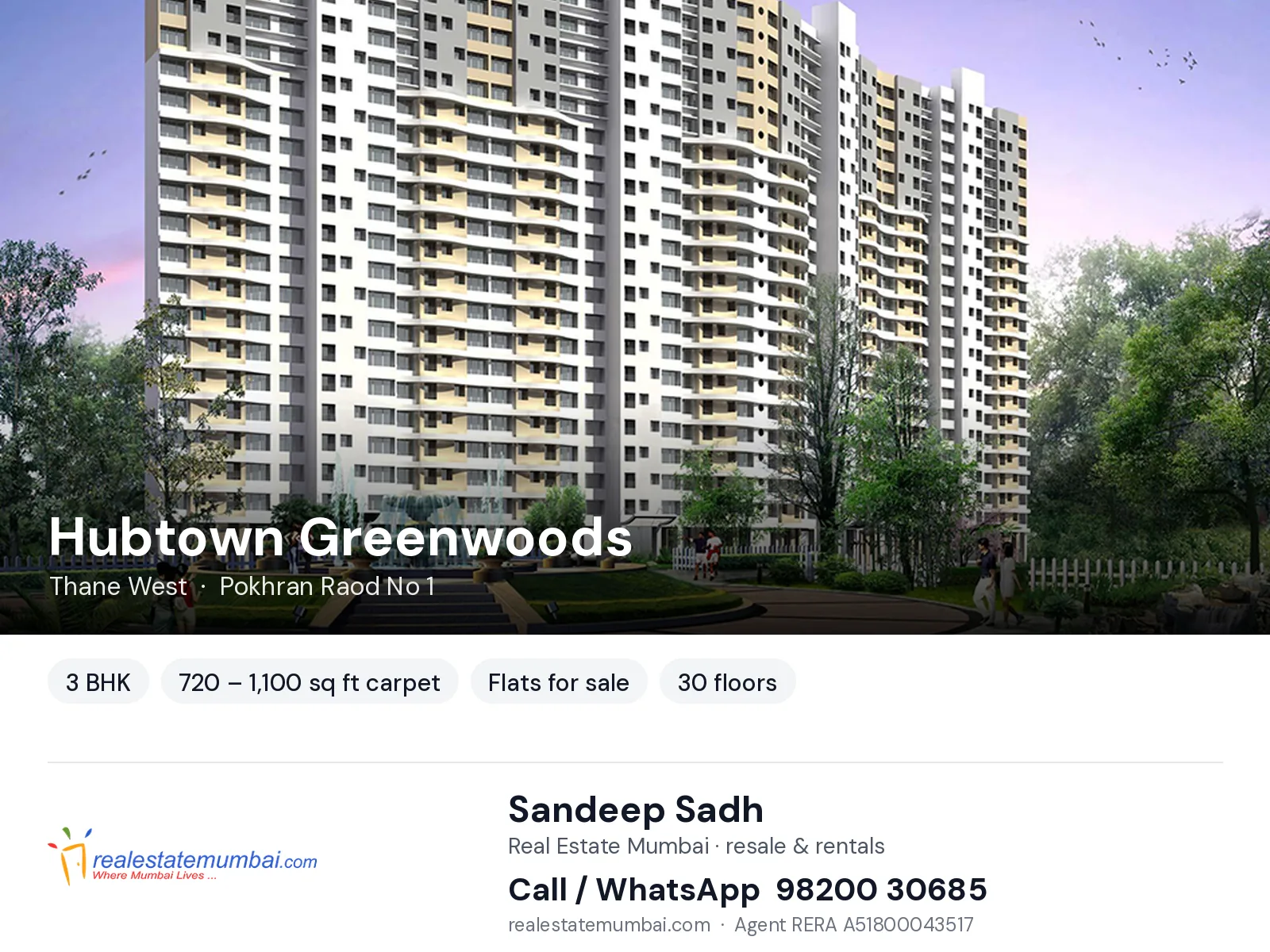 Hubtown Greenwoods, Thane West — 3 BHK flats for sale | Real Estate Mumbai, Sandeep Sadh 98200 30685