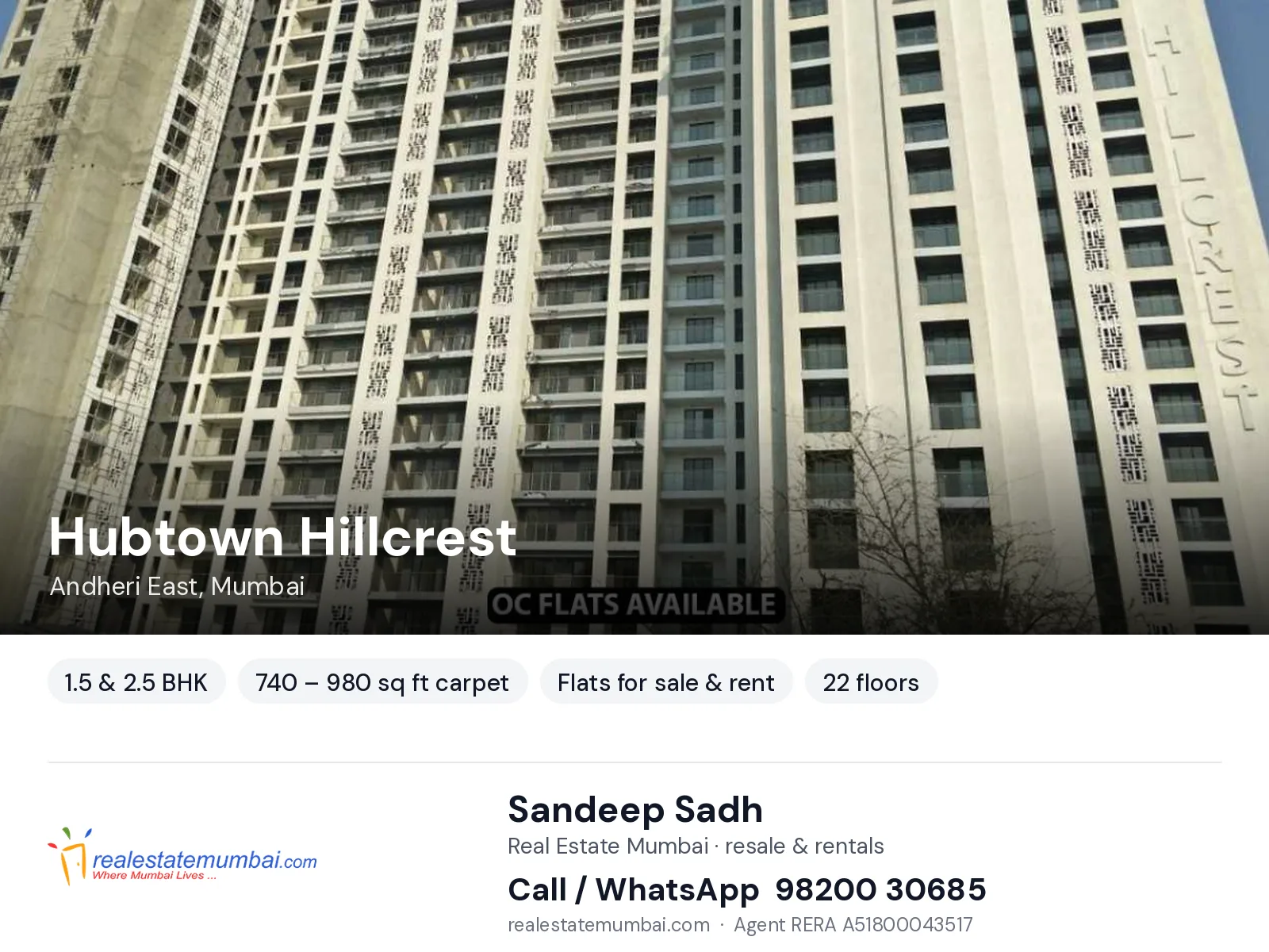 Hubtown Hillcrest, Andheri East, Mumbai — 1.5 & 2.5 BHK flats for sale & rent | Real Estate Mumbai, Sandeep Sadh 98200 30685