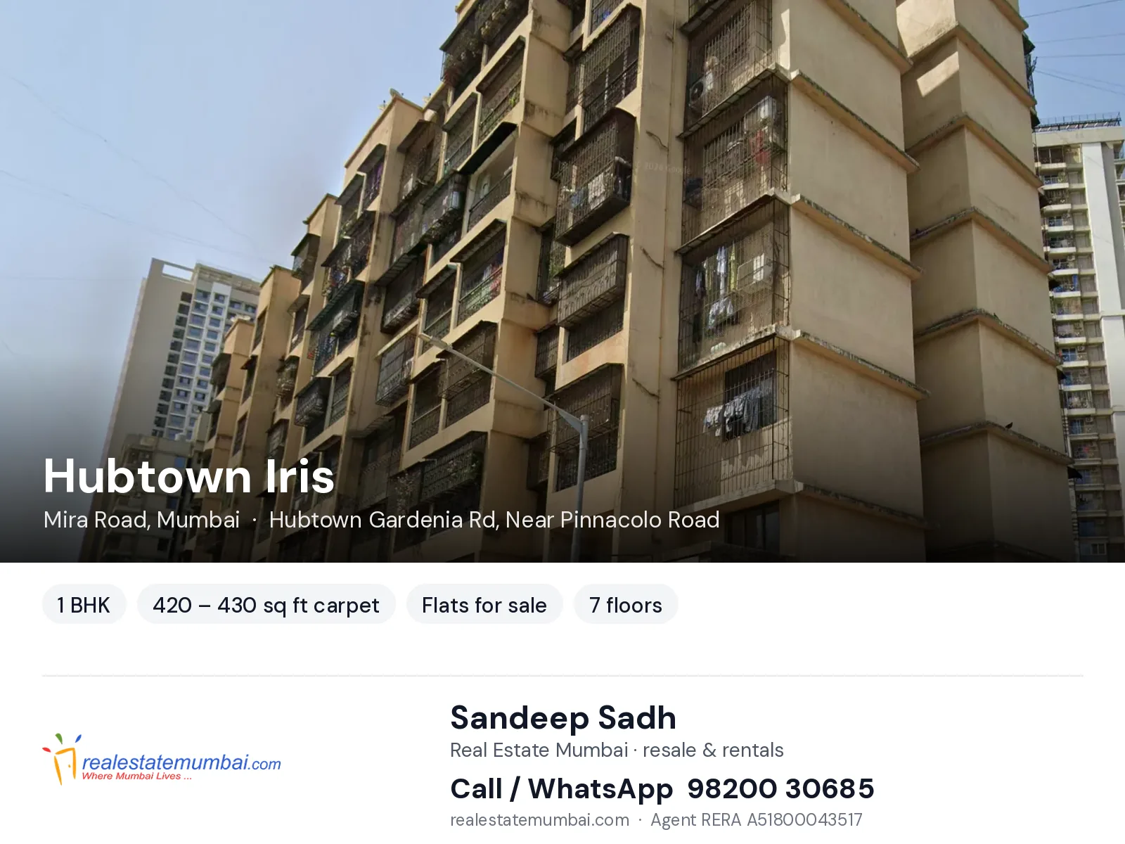 Hubtown Iris, Mira Road, Mumbai — 1 BHK flats for sale | Real Estate Mumbai, Sandeep Sadh 98200 30685