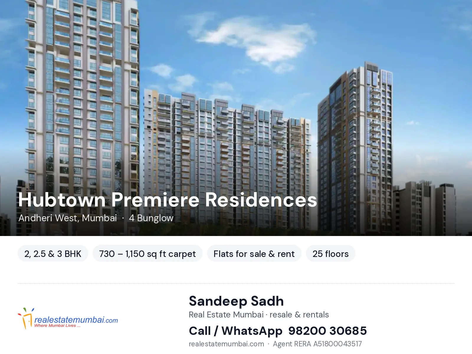 Hubtown Premiere Residences, Andheri West, Mumbai — 2, 2.5 & 3 BHK flats for sale & rent | Real Estate Mumbai, Sandeep Sadh 98200 30685