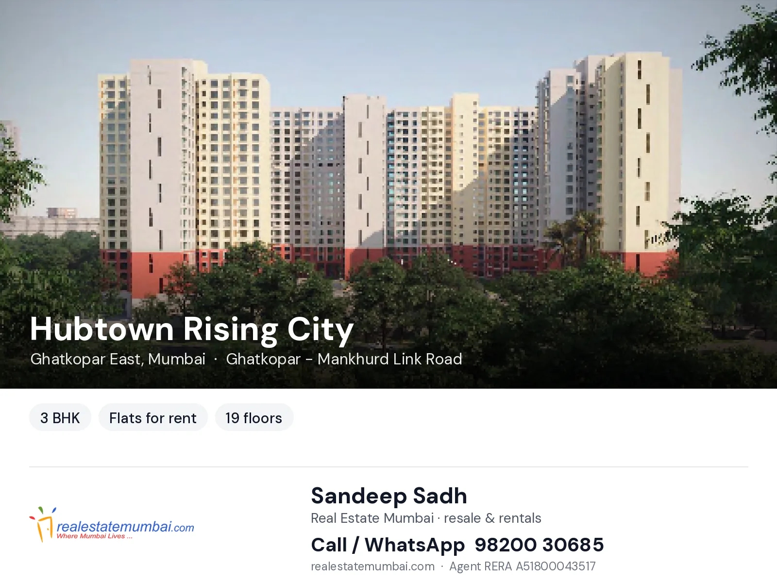 Hubtown Rising City, Ghatkopar East, Mumbai — 3 BHK flats for rent | Real Estate Mumbai, Sandeep Sadh 98200 30685