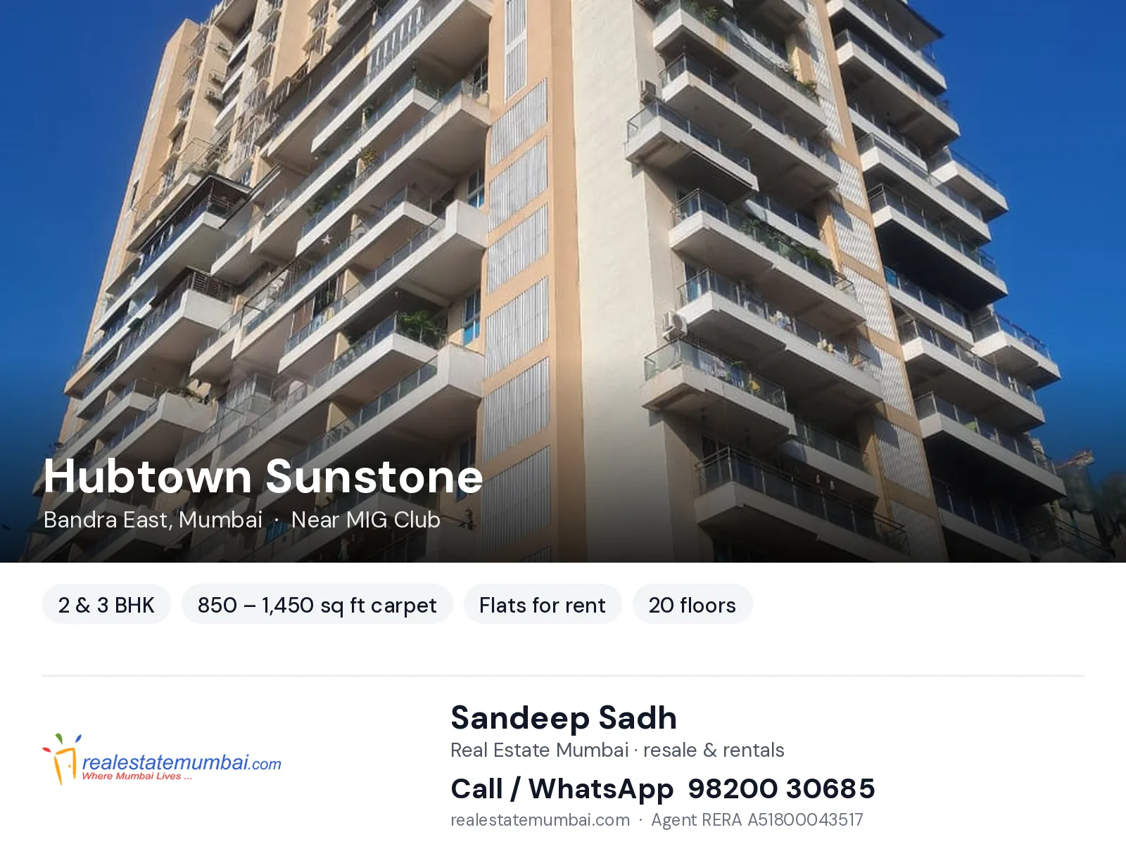 Hubtown Sunstone, Bandra East, Mumbai — 2 & 3 BHK flats for rent | Real Estate Mumbai, Sandeep Sadh 98200 30685