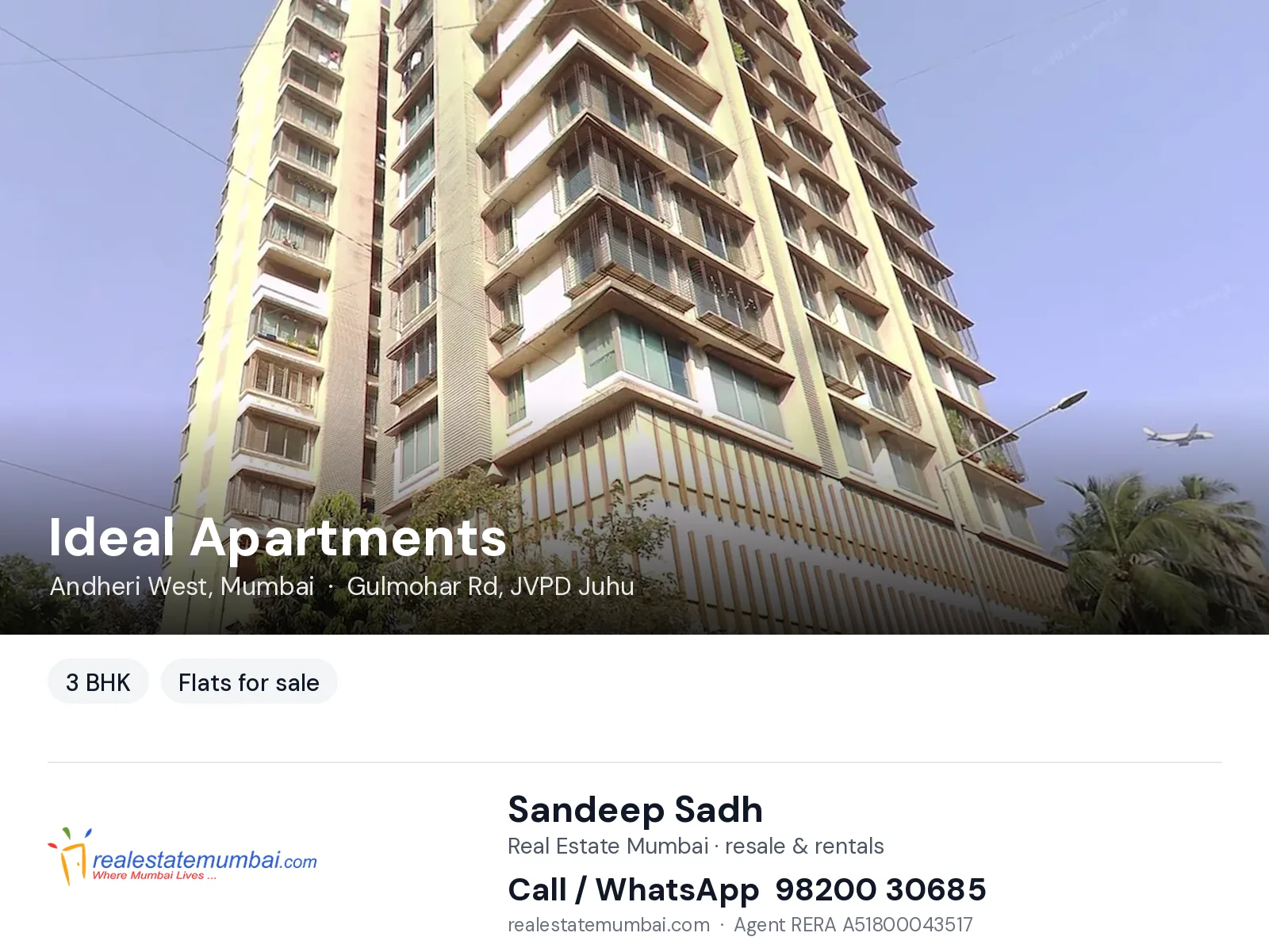 Ideal Apartments, Andheri West, Mumbai — 3 BHK flats for sale | Real Estate Mumbai, Sandeep Sadh 98200 30685