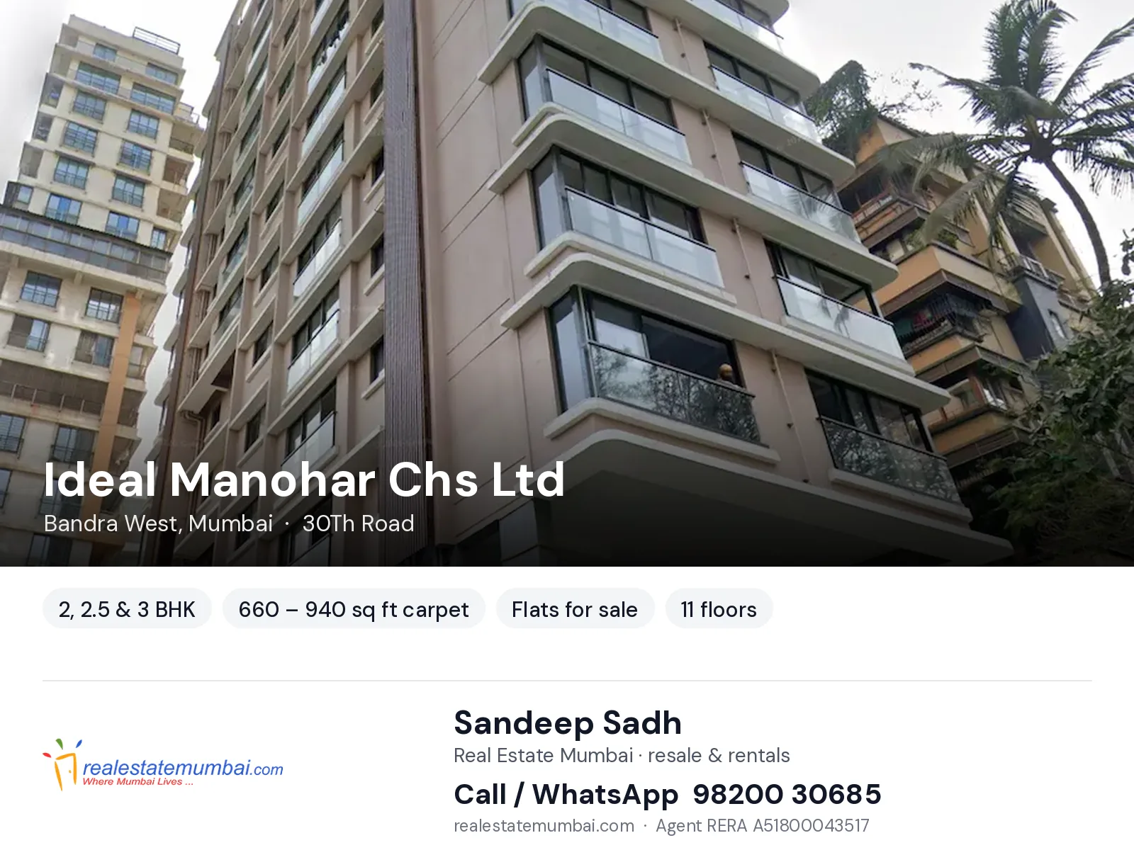 Ideal Manohar Chs Ltd, Bandra West, Mumbai — 2, 2.5 & 3 BHK flats for sale | Real Estate Mumbai, Sandeep Sadh 98200 30685