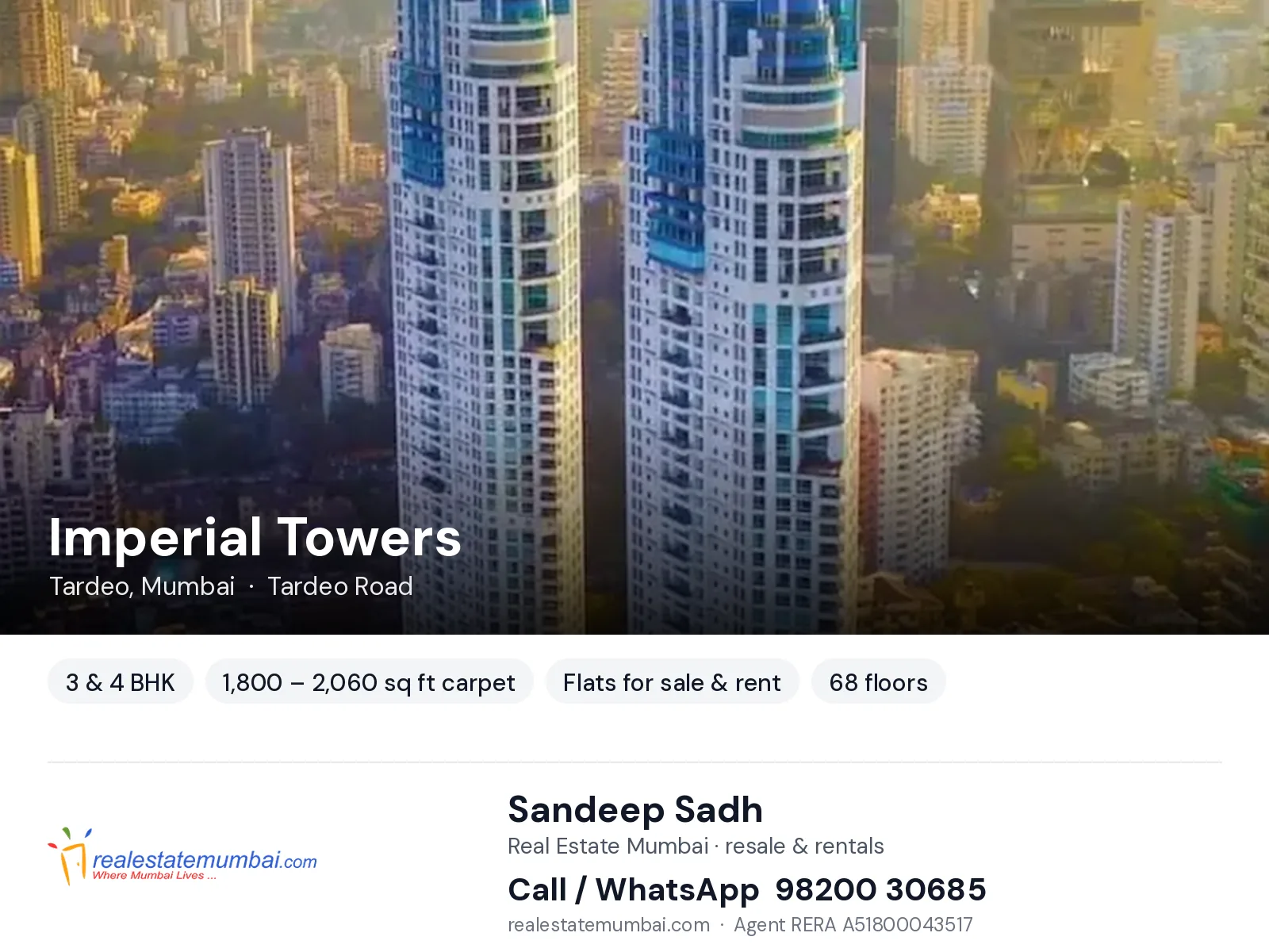 Imperial Towers, Tardeo, Mumbai — 3 & 4 BHK flats for sale & rent | Real Estate Mumbai, Sandeep Sadh 98200 30685