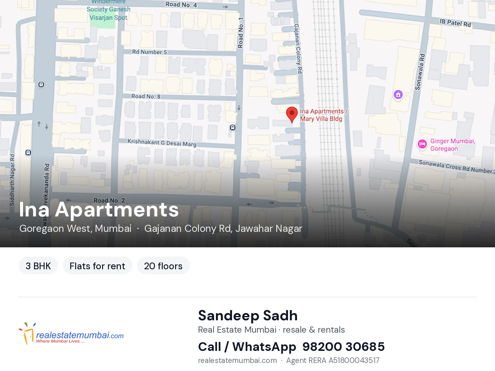 Ina Apartments, Goregaon West, Mumbai — 3 BHK flats for rent | Real Estate Mumbai, Sandeep Sadh 98200 30685
