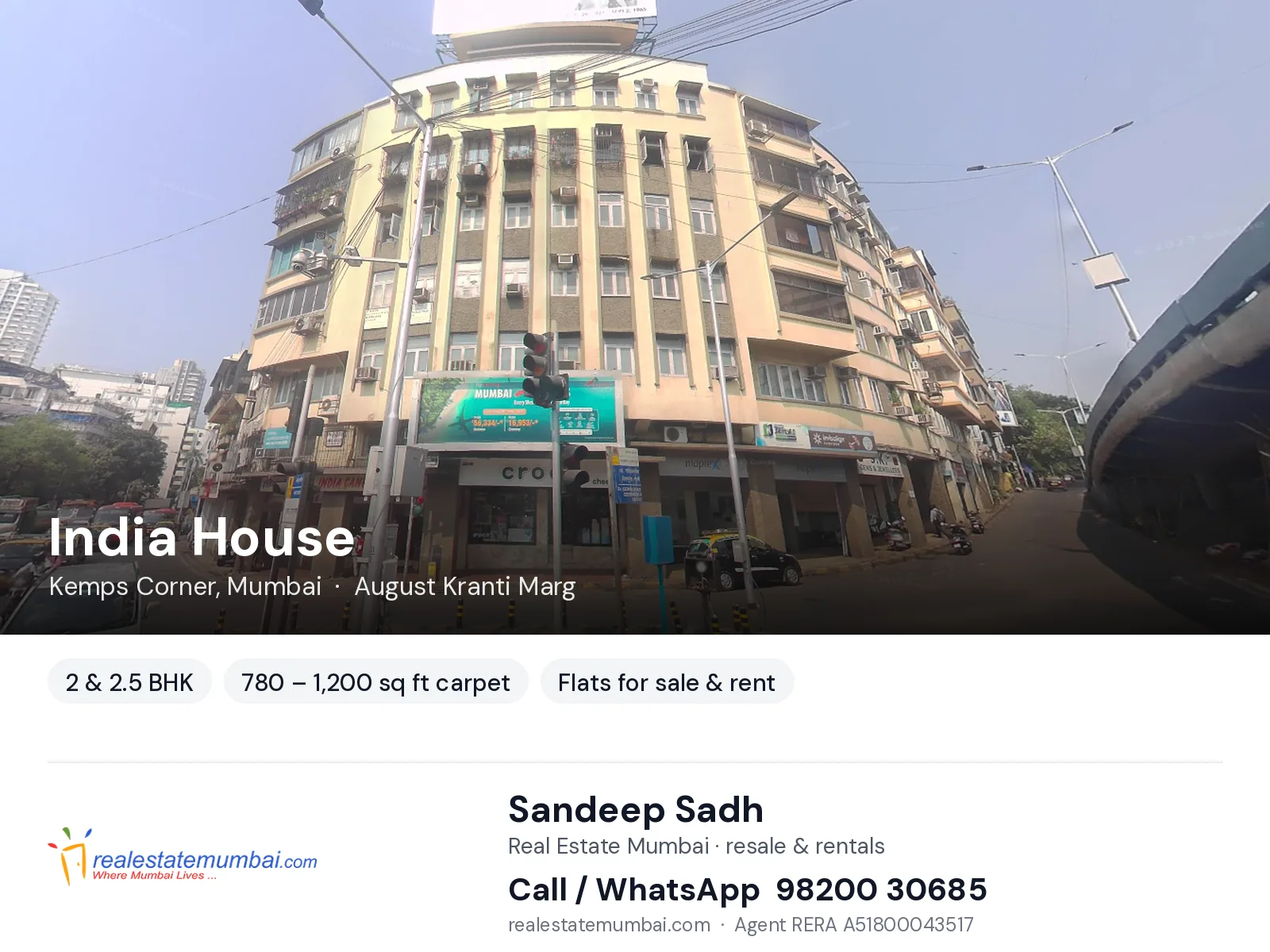 India House, Kemps Corner, Mumbai — 2 & 2.5 BHK flats for sale & rent | Real Estate Mumbai, Sandeep Sadh 98200 30685