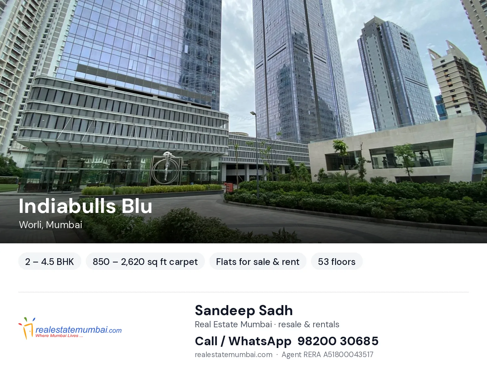 Indiabulls Blu, Worli, Mumbai — 2 – 4.5 BHK flats for sale & rent | Real Estate Mumbai, Sandeep Sadh 98200 30685