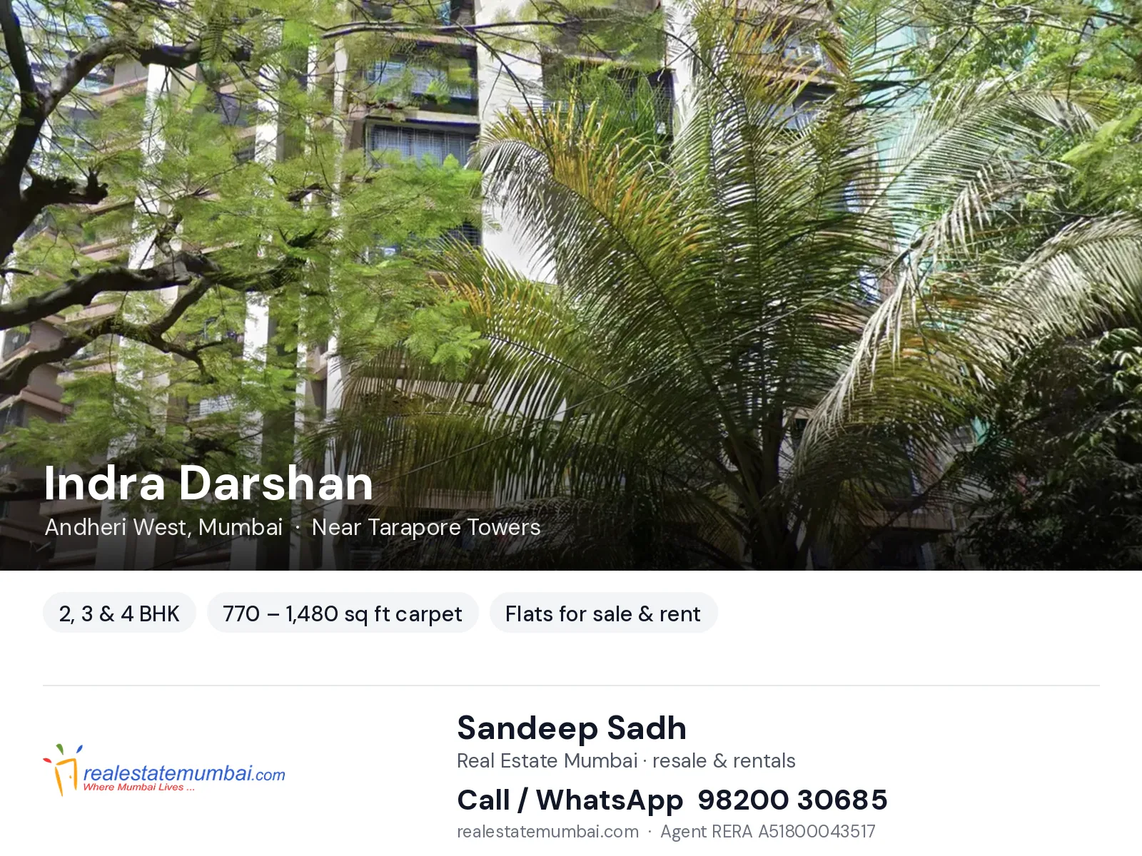 Indra Darshan, Andheri West, Mumbai — 2, 3 & 4 BHK flats for sale & rent | Real Estate Mumbai, Sandeep Sadh 98200 30685