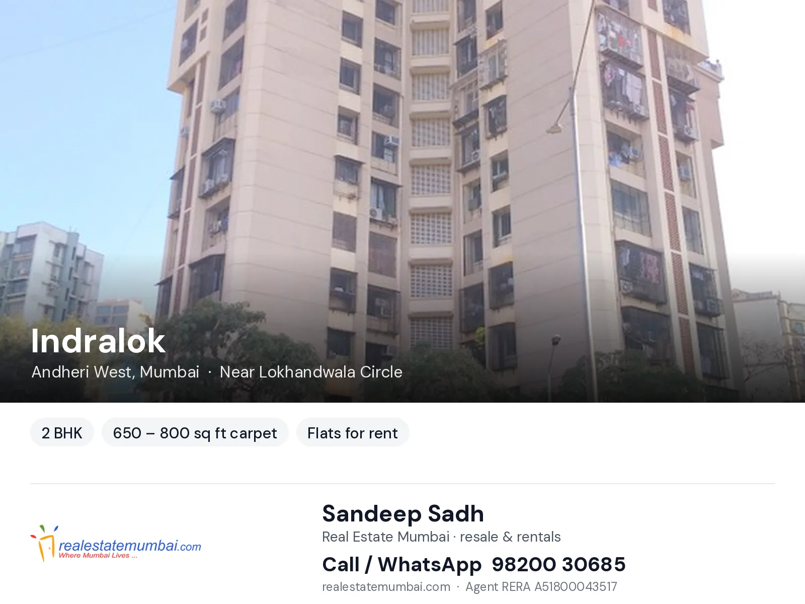 Indralok, Andheri West, Mumbai — 2 BHK flats for rent | Real Estate Mumbai, Sandeep Sadh 98200 30685