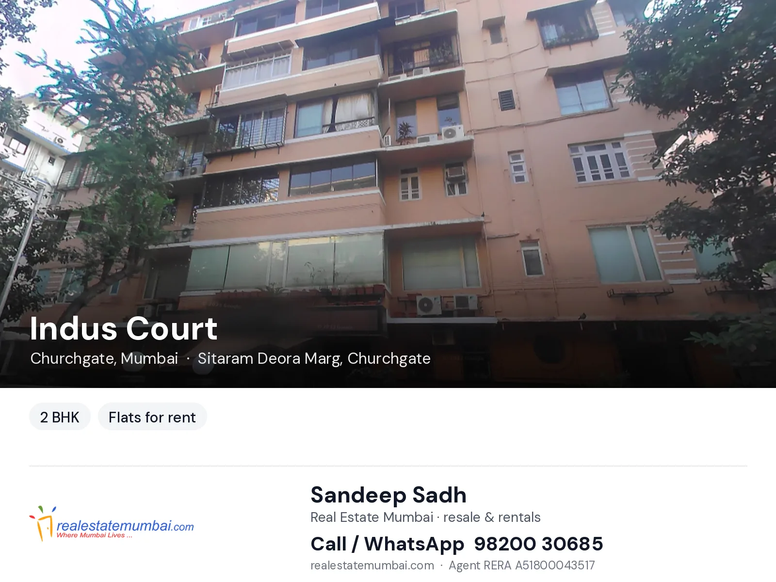 Indus Court, Churchgate, Mumbai — 2 BHK flats for rent | Real Estate Mumbai, Sandeep Sadh 98200 30685
