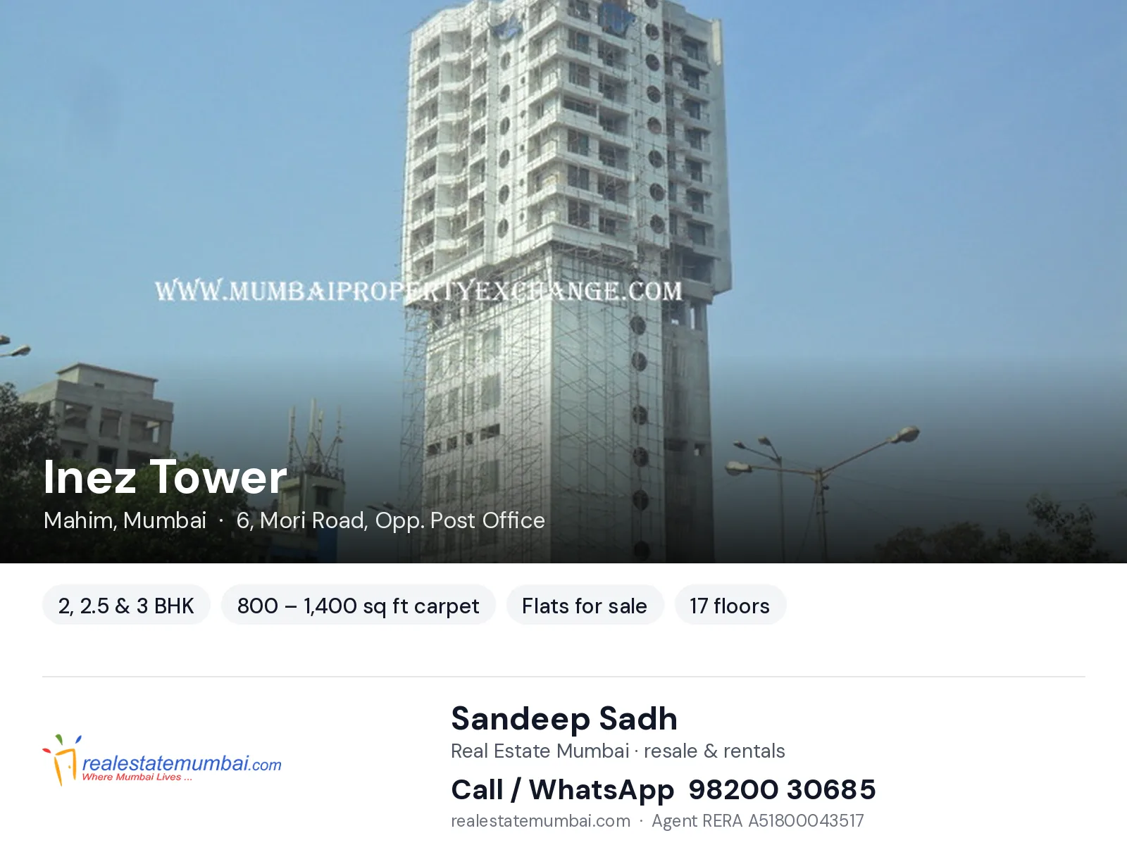 Inez Tower, Mahim, Mumbai — 2, 2.5 & 3 BHK flats for sale | Real Estate Mumbai, Sandeep Sadh 98200 30685
