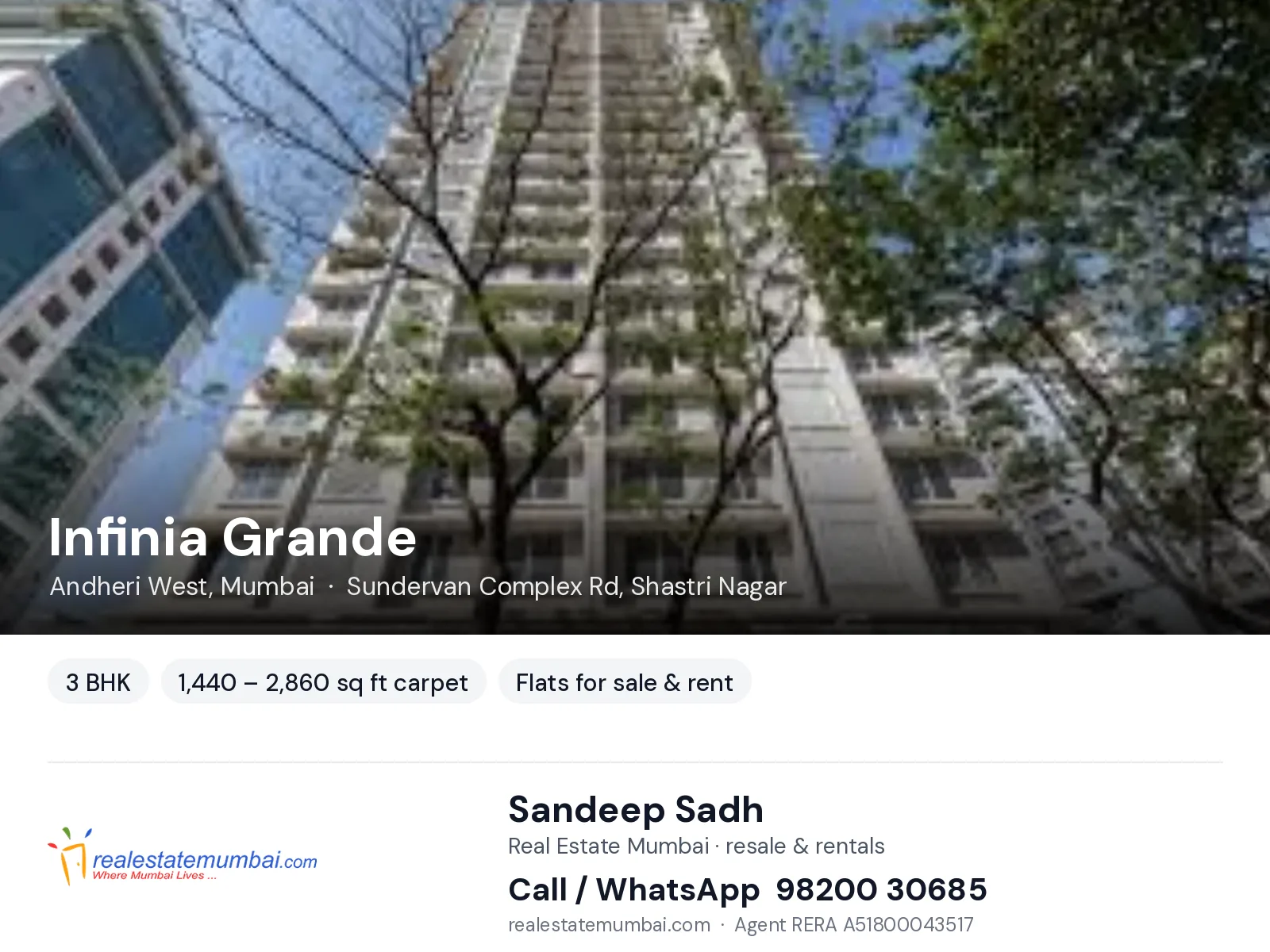 Infinia Grande, Andheri West, Mumbai — 3 BHK flats for sale & rent | Real Estate Mumbai, Sandeep Sadh 98200 30685