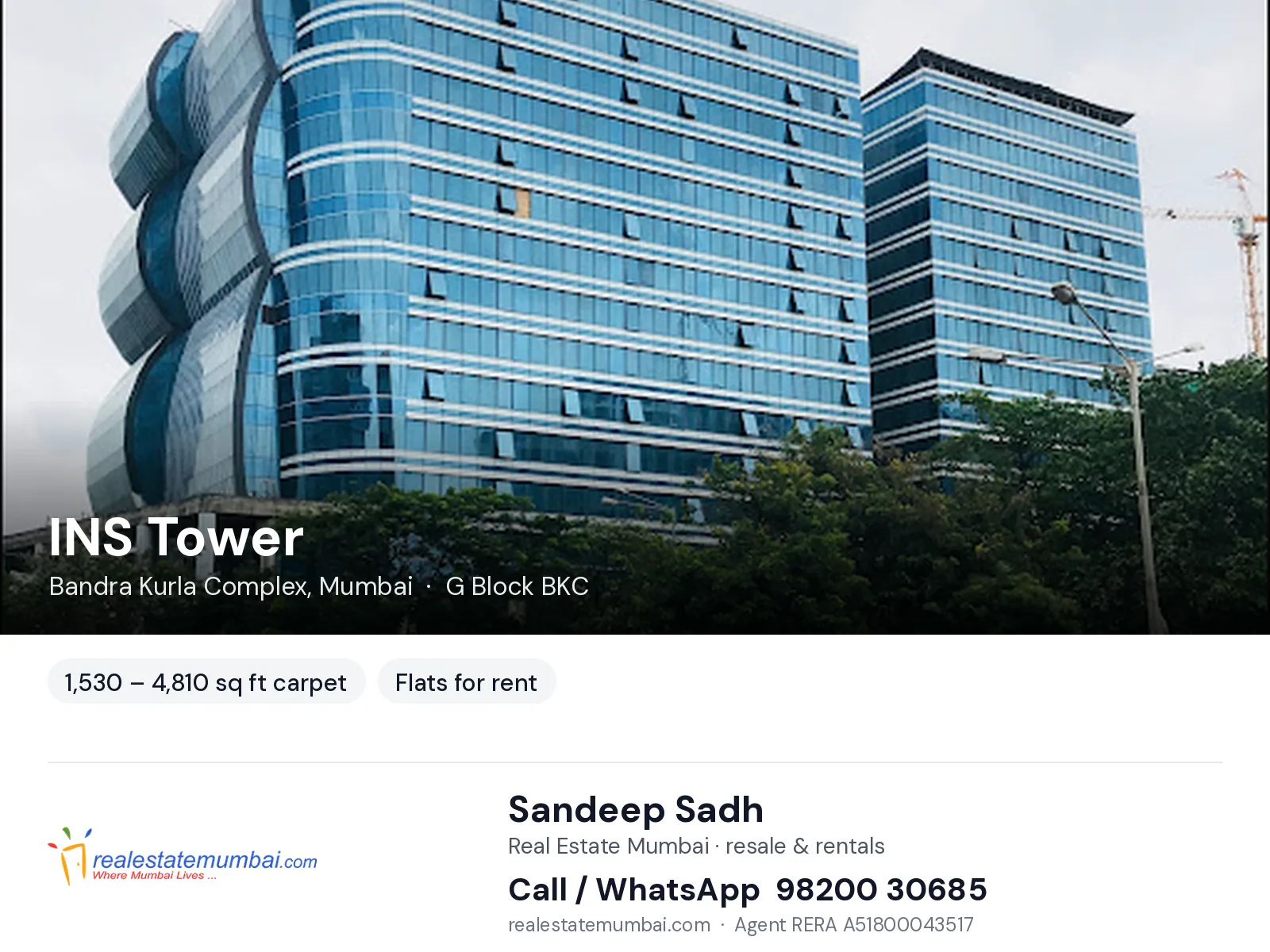 INS Tower, Bandra Kurla Complex, Mumbai — flats for rent | Real Estate Mumbai, Sandeep Sadh 98200 30685
