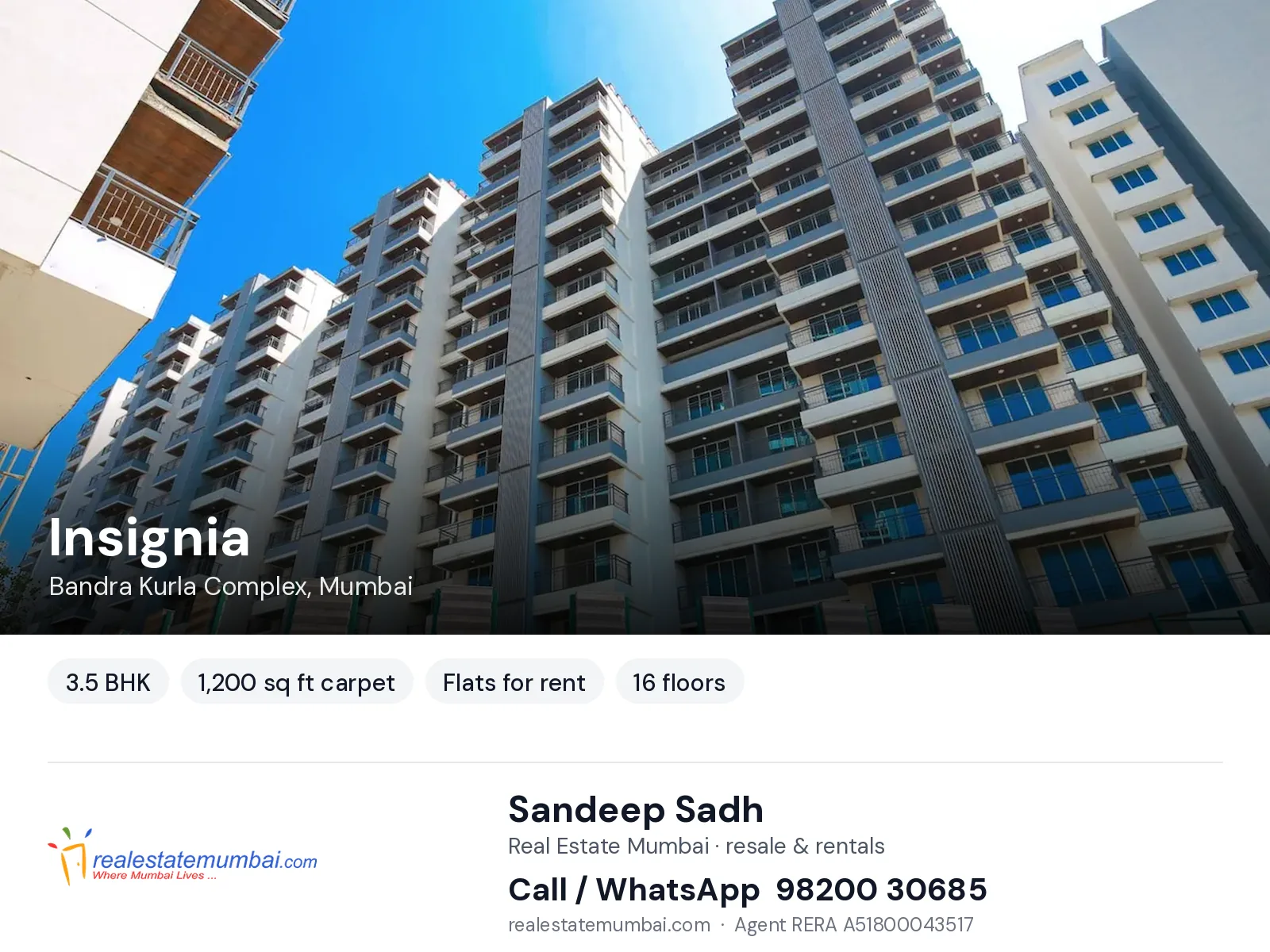 Insignia, Bandra Kurla Complex, Mumbai — 3.5 BHK flats for rent | Real Estate Mumbai, Sandeep Sadh 98200 30685