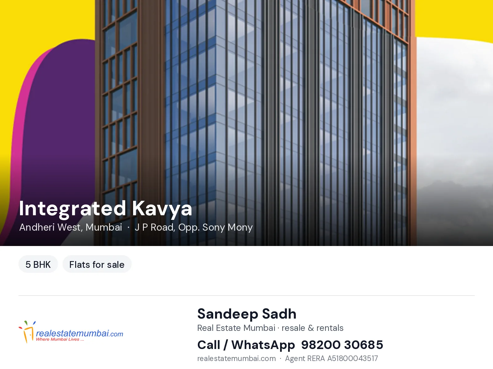 Integrated Kavya, Andheri West, Mumbai — 5 BHK flats for sale | Real Estate Mumbai, Sandeep Sadh 98200 30685