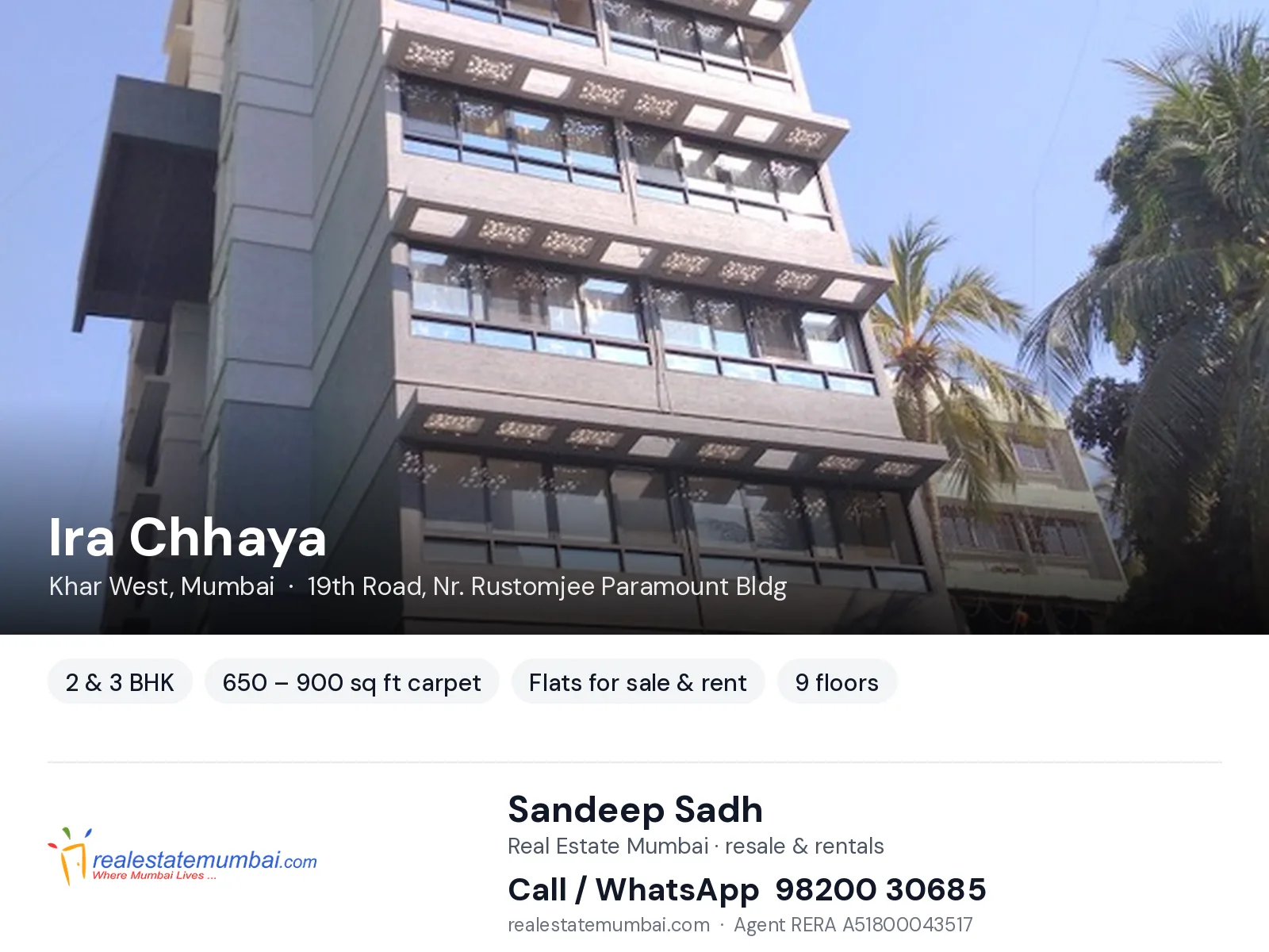 Ira Chhaya, Khar West, Mumbai — 2 & 3 BHK flats for sale & rent | Real Estate Mumbai, Sandeep Sadh 98200 30685