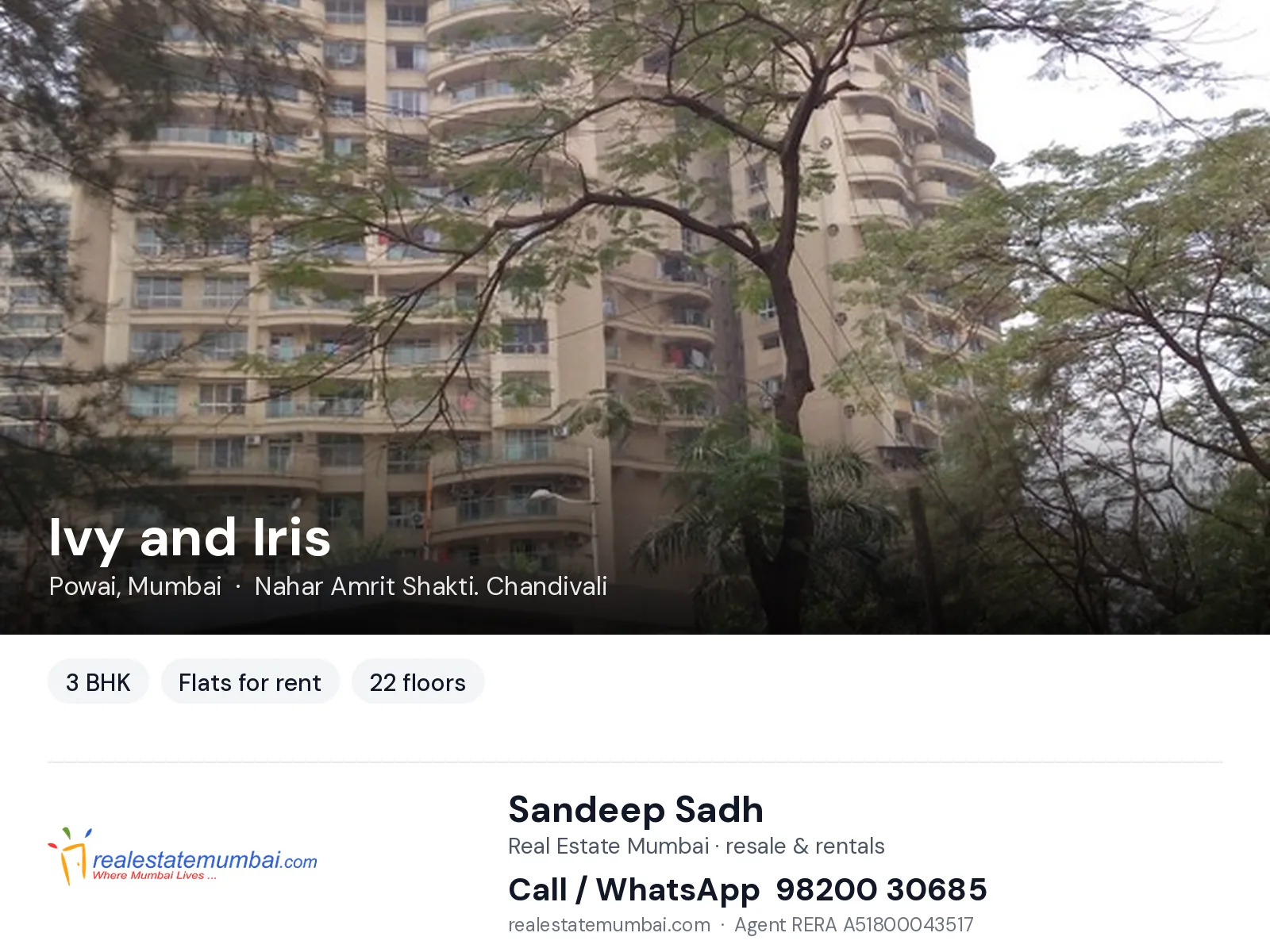 Ivy and Iris, Powai, Mumbai — 3 BHK flats for rent | Real Estate Mumbai, Sandeep Sadh 98200 30685