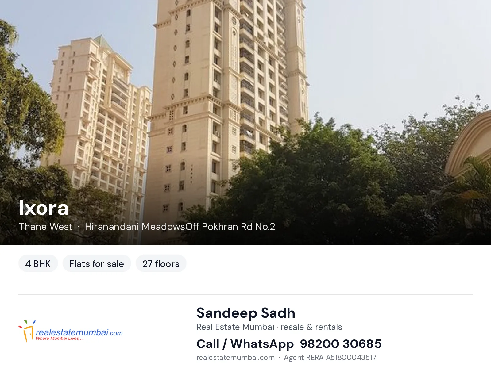 Ixora, Thane West — 4 BHK flats for sale | Real Estate Mumbai, Sandeep Sadh 98200 30685