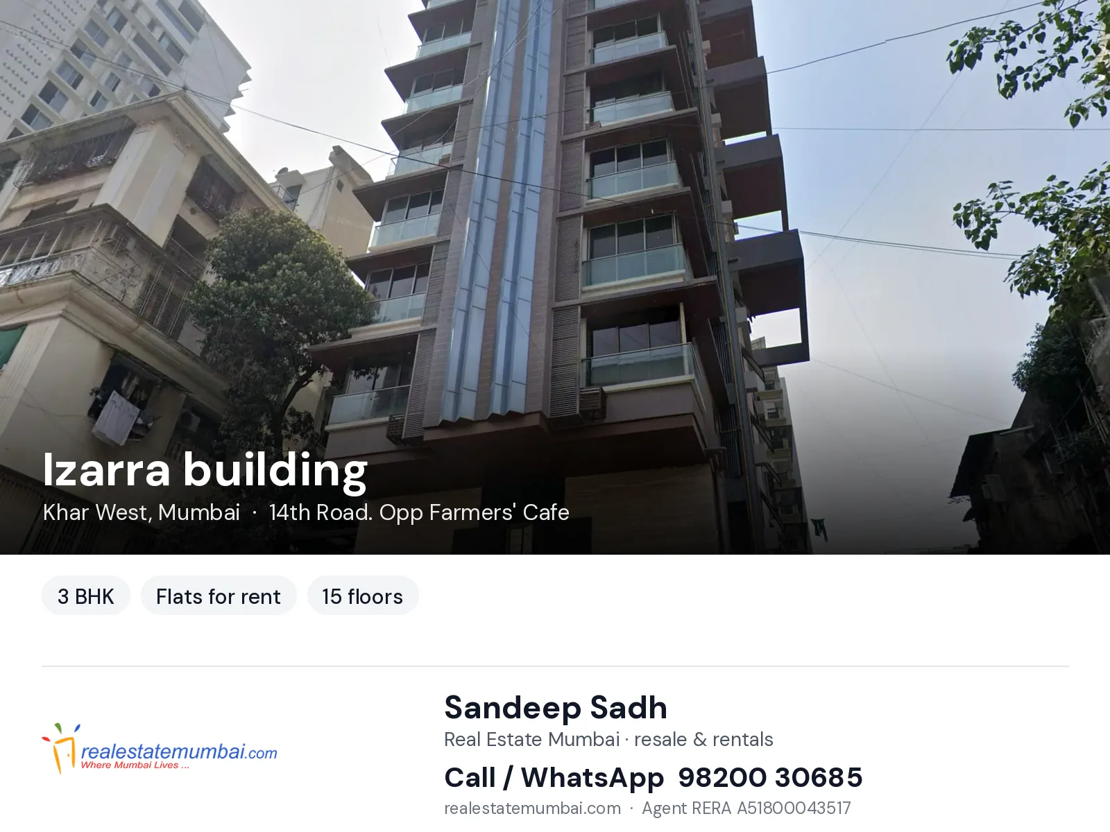 Izarra building, Khar West, Mumbai — 3 BHK flats for rent | Real Estate Mumbai, Sandeep Sadh 98200 30685