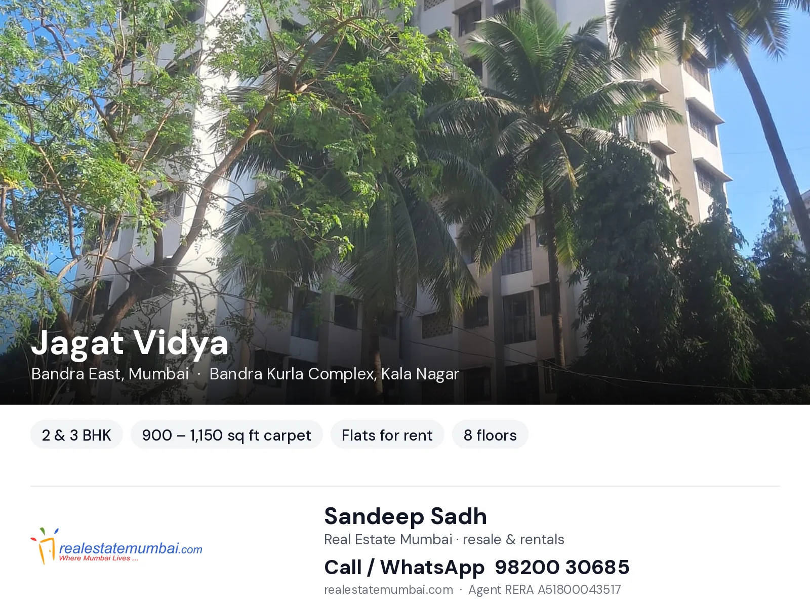 Jagat Vidya, Bandra East, Mumbai — 2 & 3 BHK flats for rent | Real Estate Mumbai, Sandeep Sadh 98200 30685