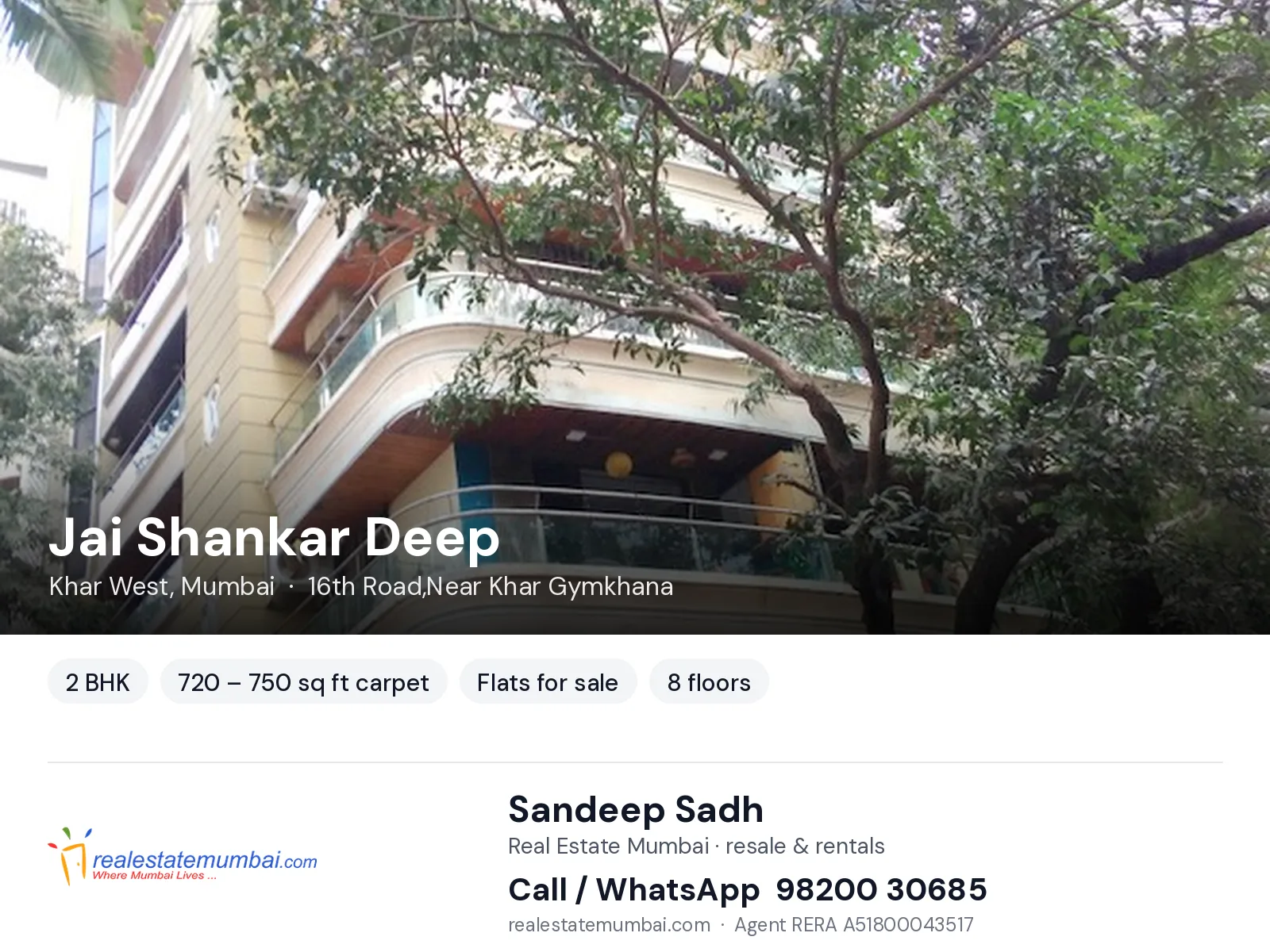 Jai Shankar Deep, Khar West, Mumbai — 2 BHK flats for sale | Real Estate Mumbai, Sandeep Sadh 98200 30685