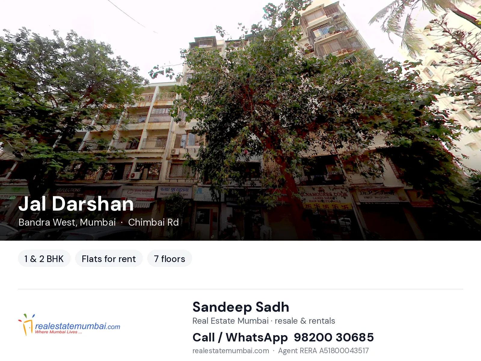 Jal Darshan, Bandra West, Mumbai — 1 & 2 BHK flats for rent | Real Estate Mumbai, Sandeep Sadh 98200 30685