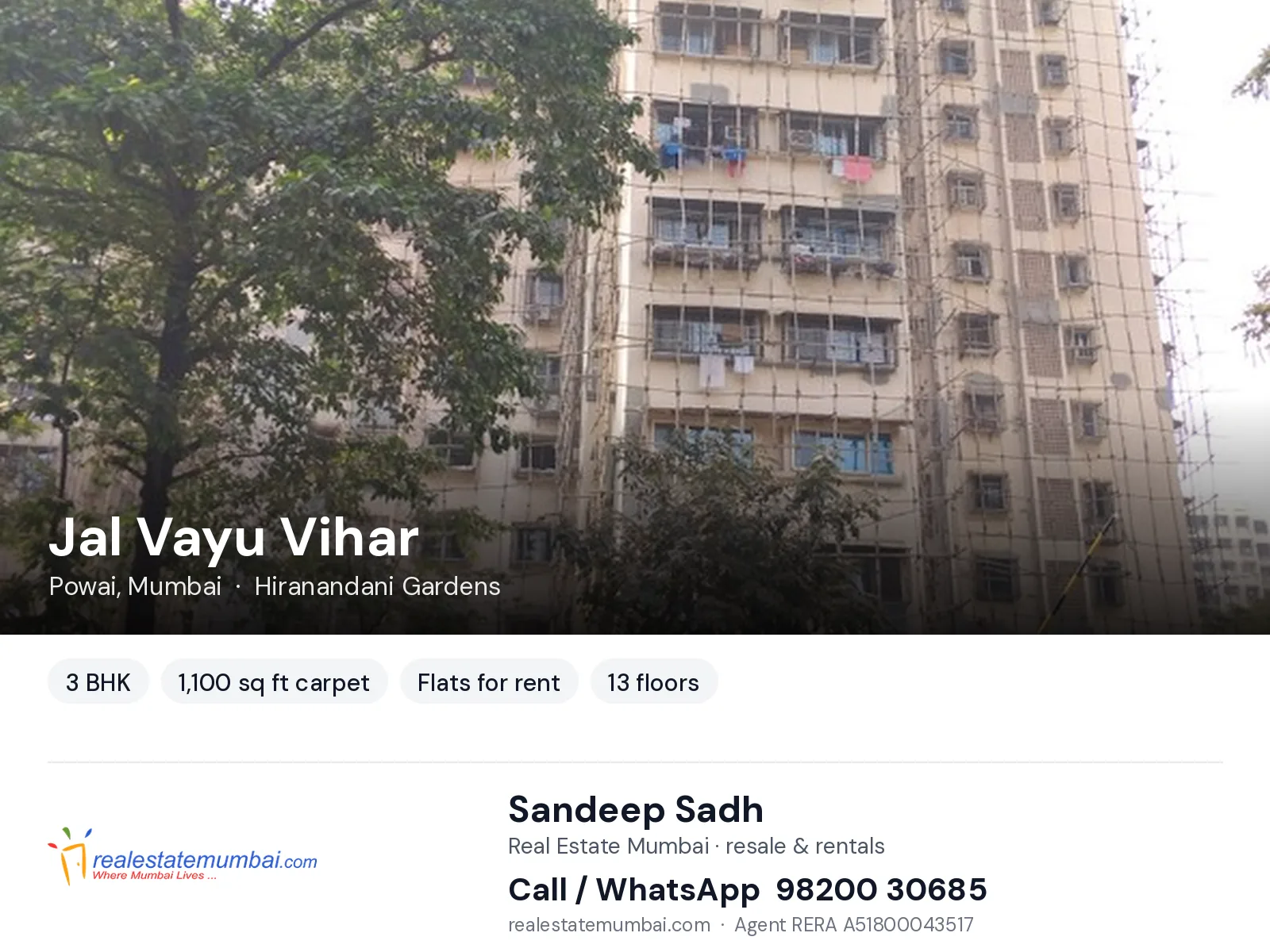Jal Vayu Vihar, Powai, Mumbai — 3 BHK flats for rent | Real Estate Mumbai, Sandeep Sadh 98200 30685