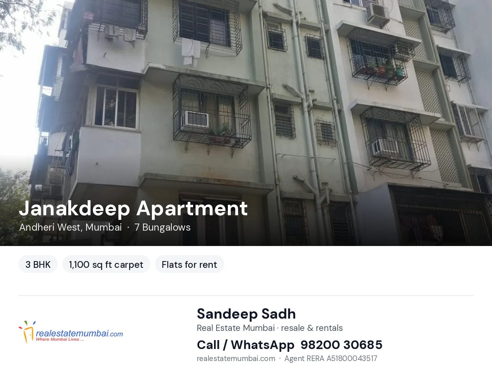 Janakdeep Apartment, Andheri West, Mumbai — 3 BHK flats for rent | Real Estate Mumbai, Sandeep Sadh 98200 30685