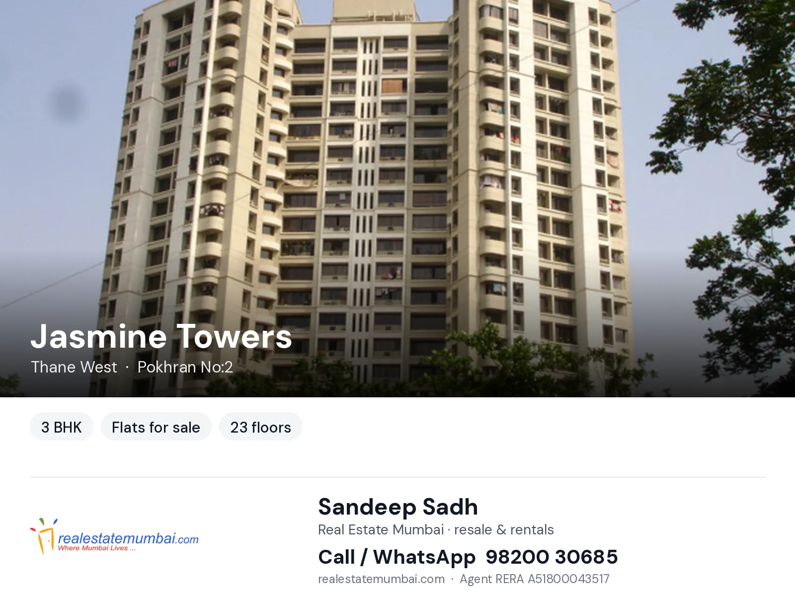 Jasmine Towers, Thane West — 3 BHK flats for sale | Real Estate Mumbai, Sandeep Sadh 98200 30685