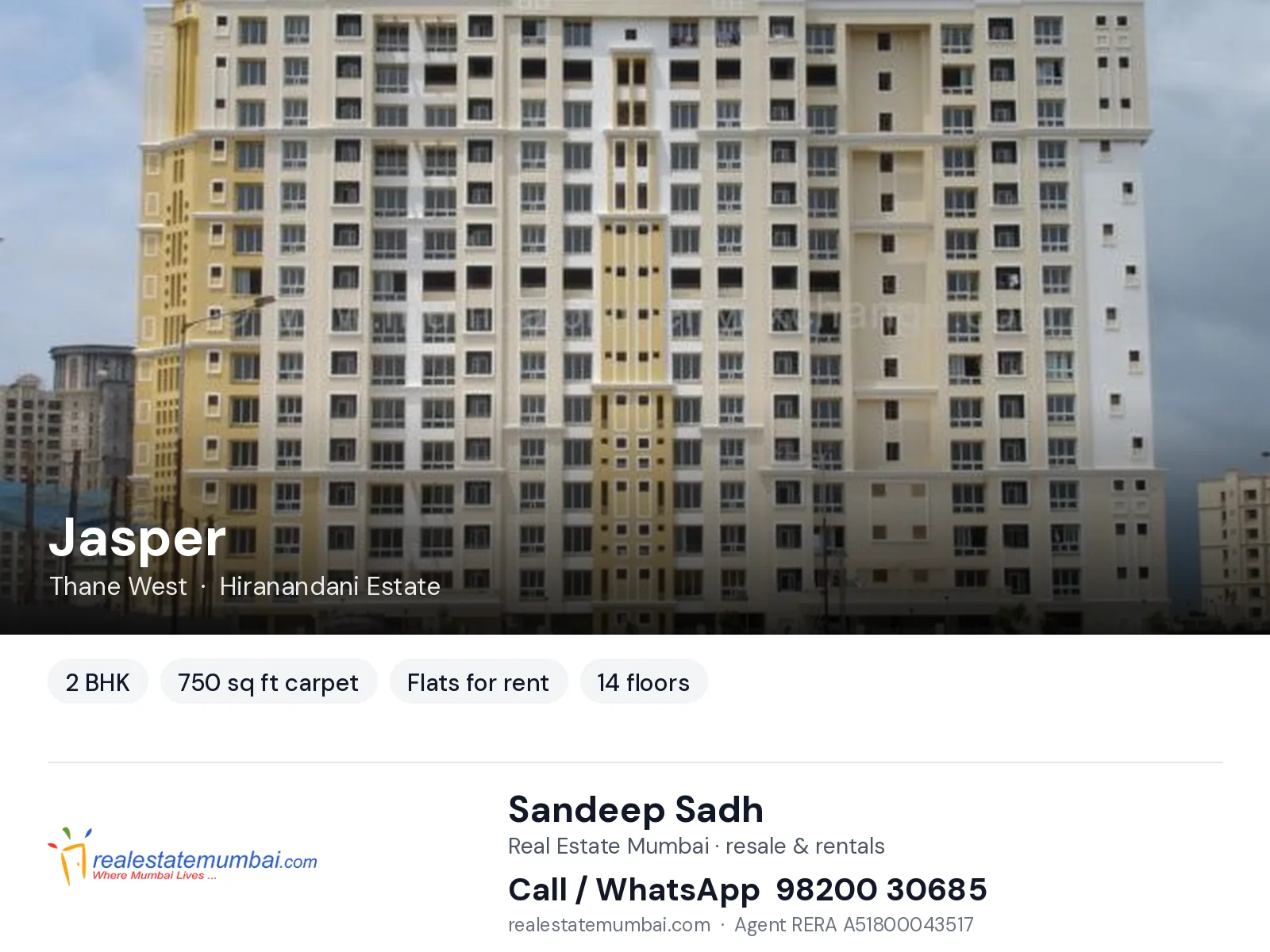 Jasper, Thane West — 2 BHK flats for rent | Real Estate Mumbai, Sandeep Sadh 98200 30685