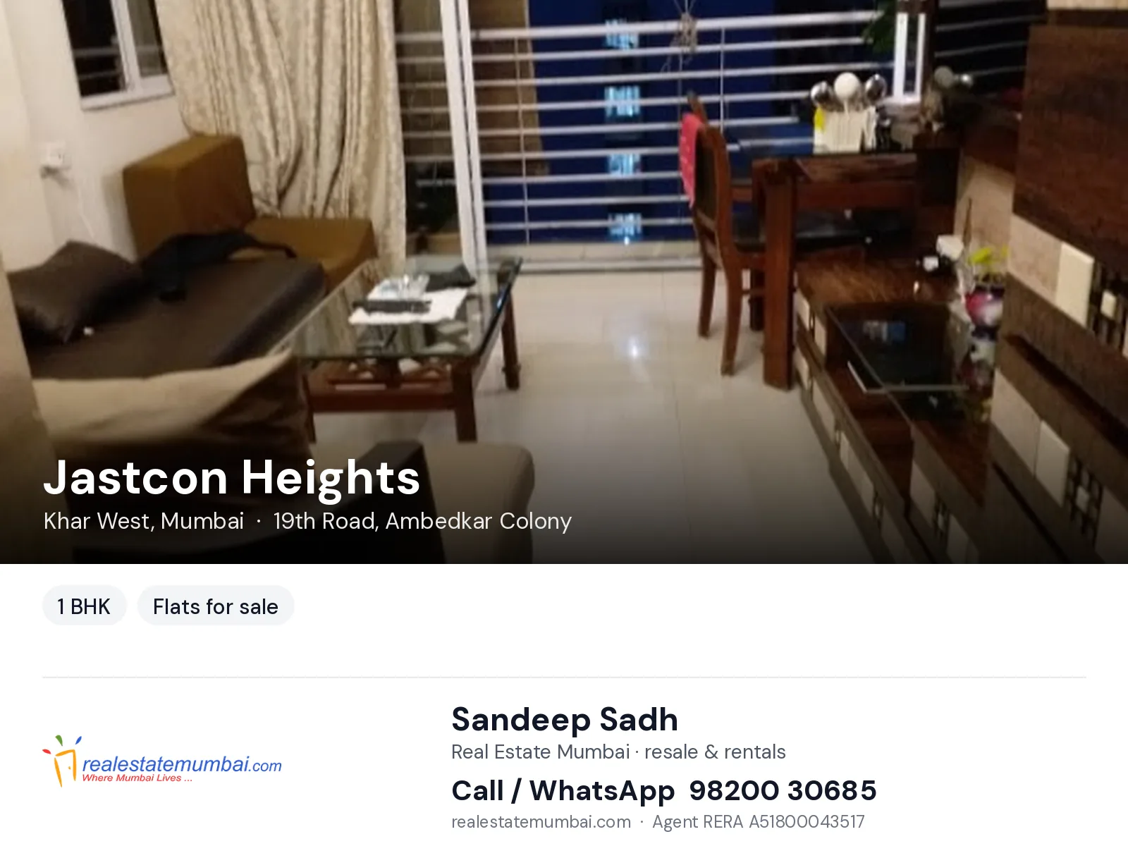 Jastcon Heights, Khar West, Mumbai — 1 BHK flats for sale | Real Estate Mumbai, Sandeep Sadh 98200 30685