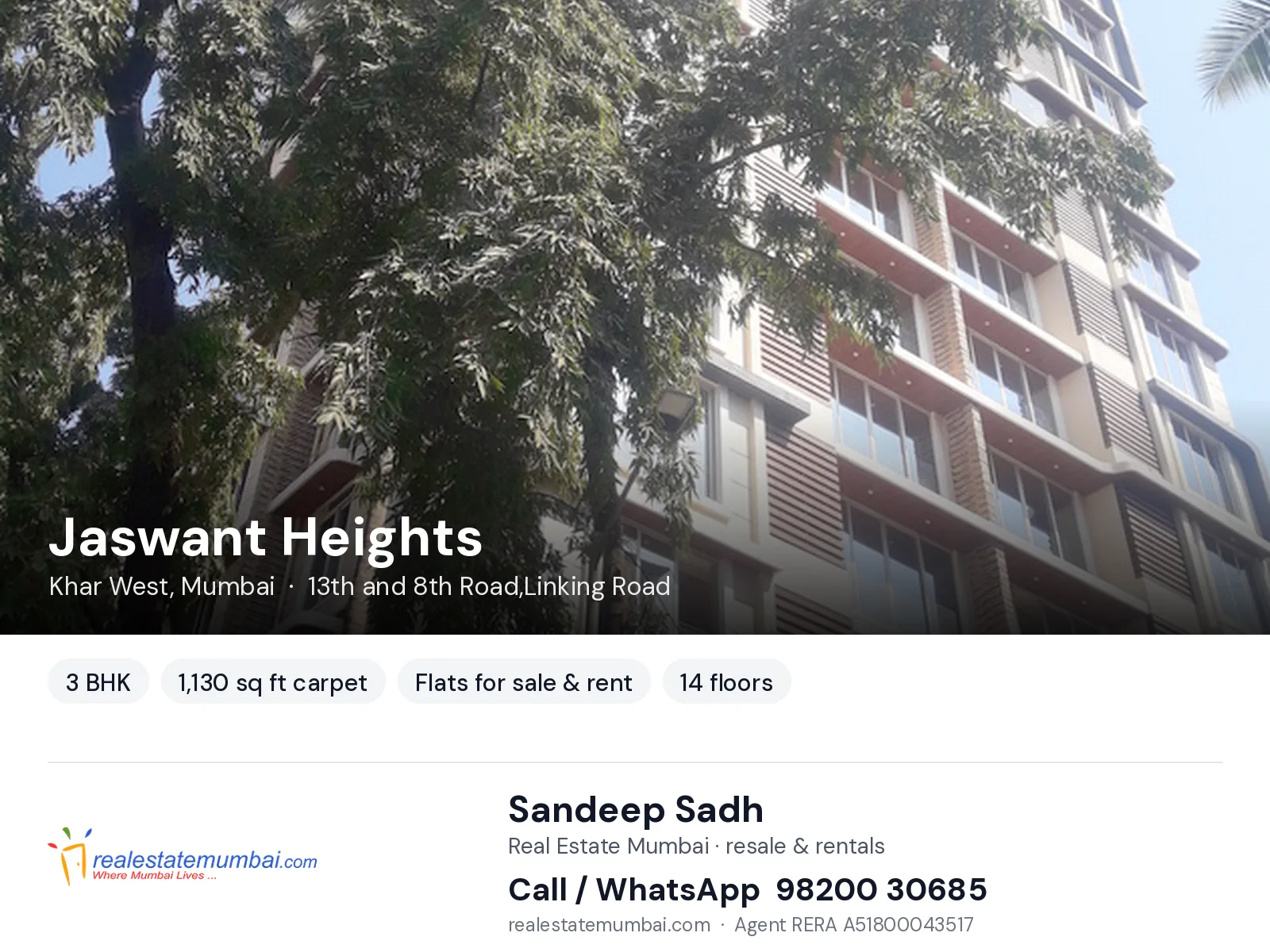 Jaswant Heights, Khar West, Mumbai — 3 BHK flats for sale & rent | Real Estate Mumbai, Sandeep Sadh 98200 30685