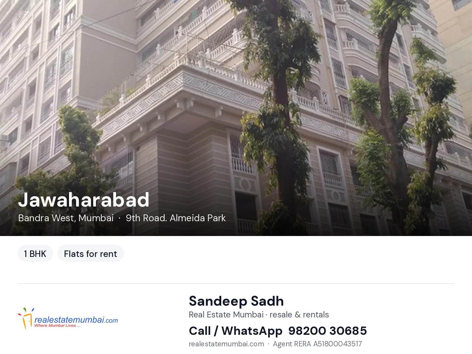 Jawaharabad, Bandra West, Mumbai — 1 BHK flats for rent | Real Estate Mumbai, Sandeep Sadh 98200 30685
