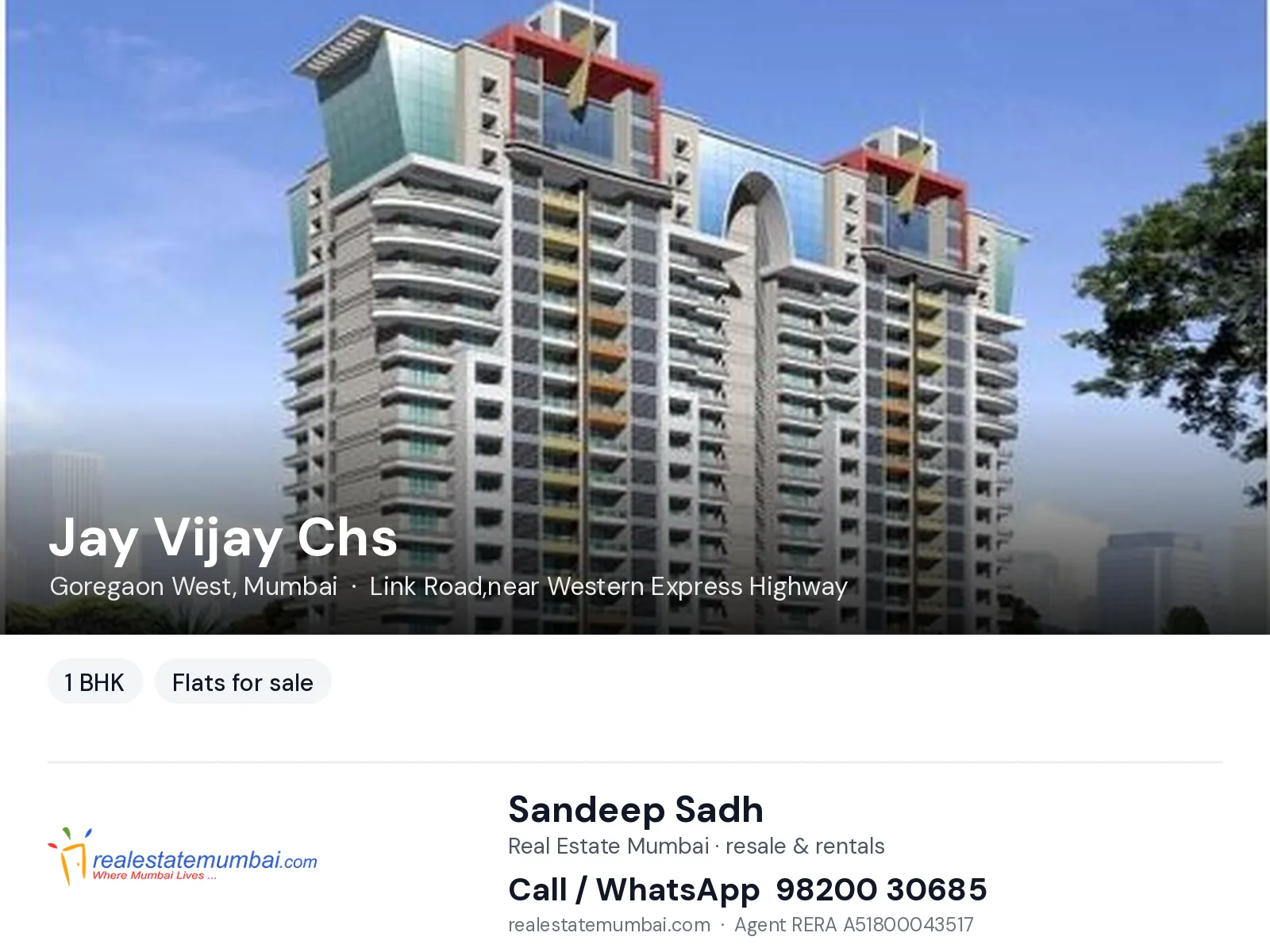 Jay Vijay Chs, Goregaon West, Mumbai — 1 BHK flats for sale | Real Estate Mumbai, Sandeep Sadh 98200 30685