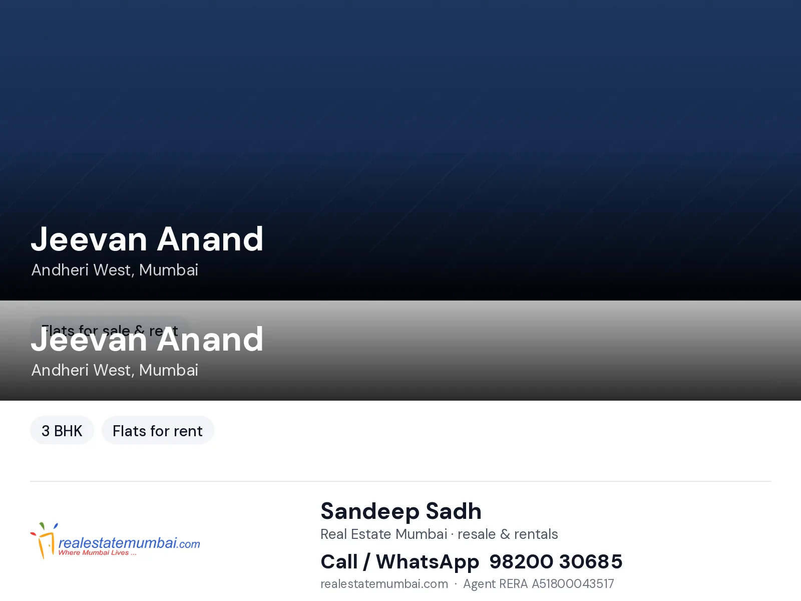 Jeevan Anand, Andheri West, Mumbai — 3 BHK flats for rent | Real Estate Mumbai, Sandeep Sadh 98200 30685