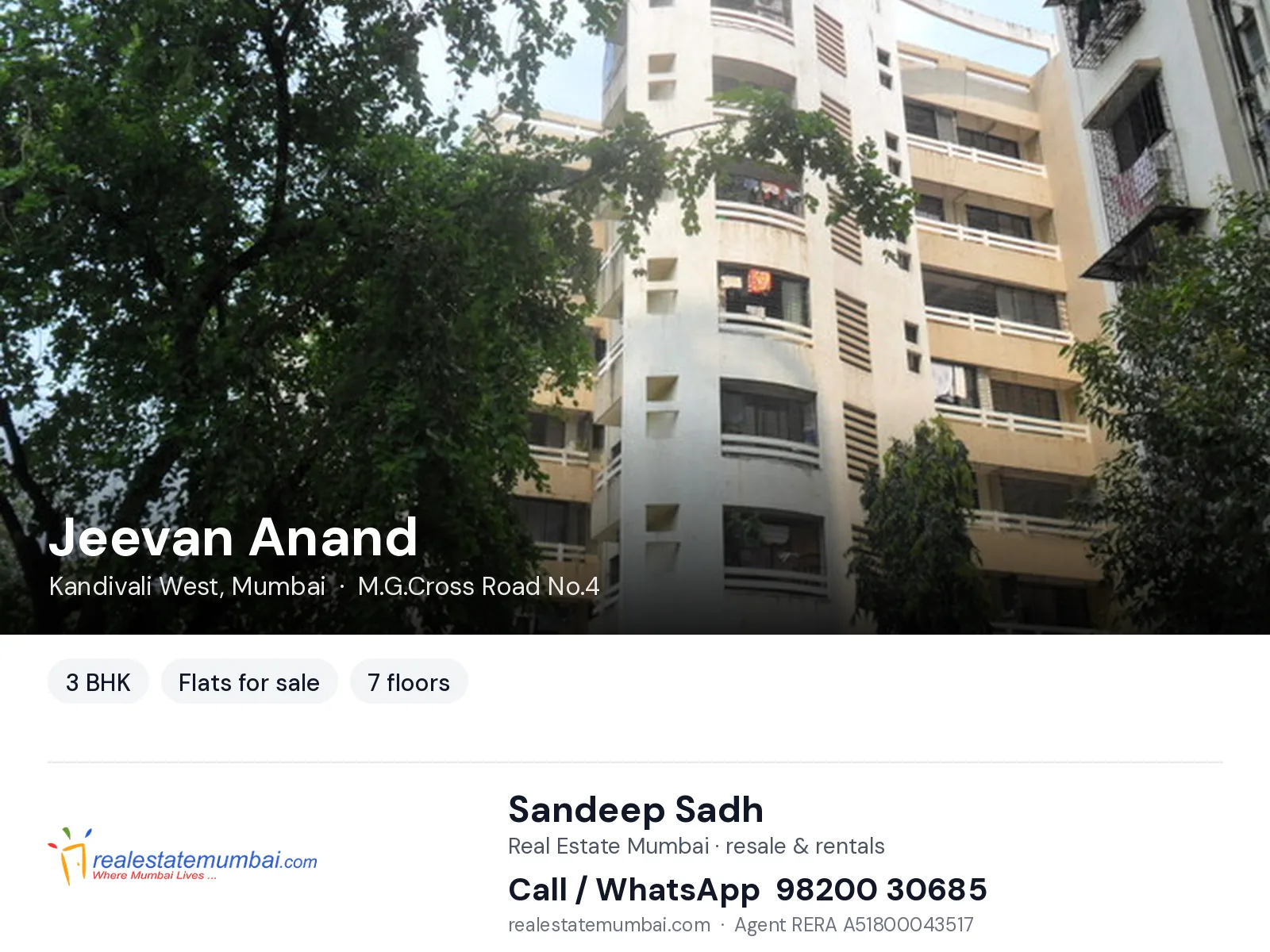Jeevan Anand, Kandivali West, Mumbai — 3 BHK flats for sale | Real Estate Mumbai, Sandeep Sadh 98200 30685