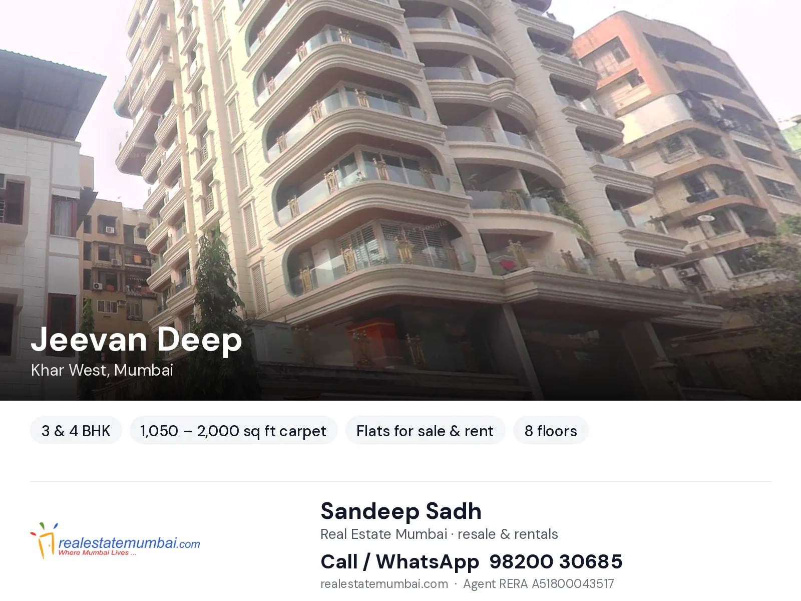 Jeevan Deep, Khar West, Mumbai — 3 & 4 BHK flats for sale & rent | Real Estate Mumbai, Sandeep Sadh 98200 30685