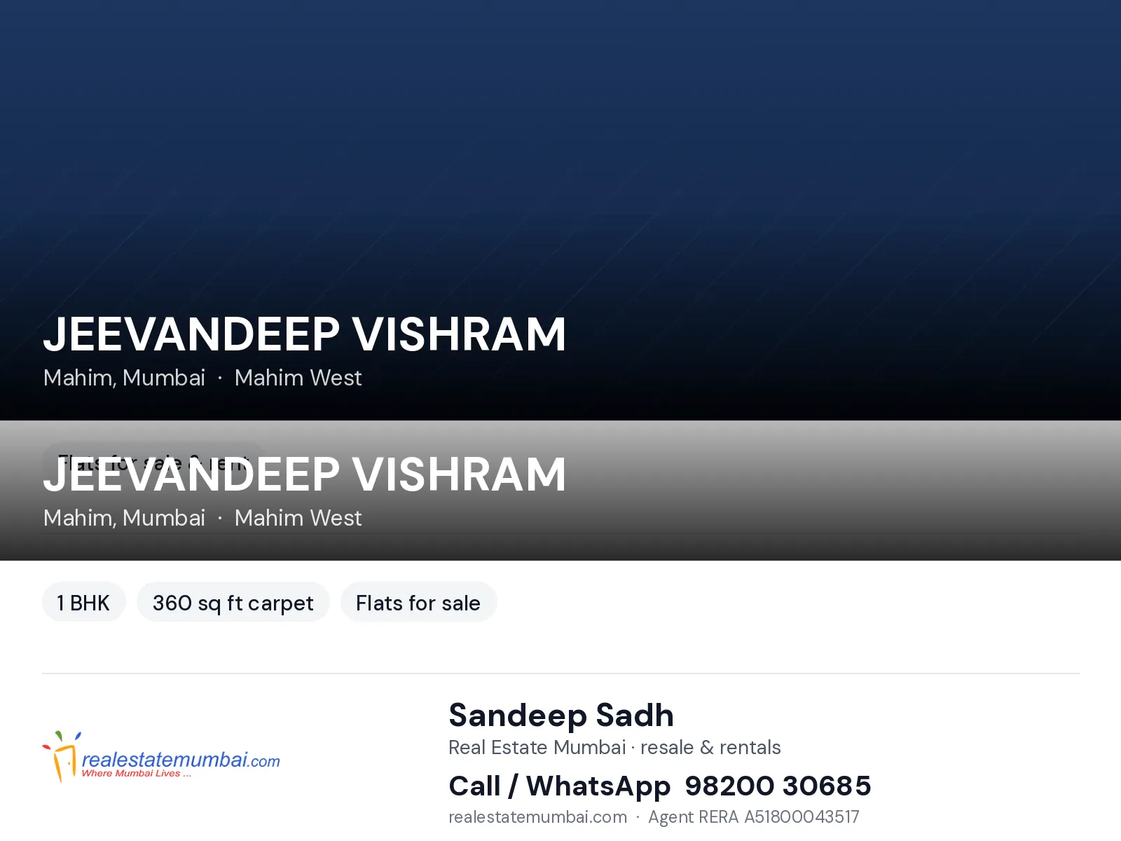 JEEVANDEEP VISHRAM, Mahim, Mumbai — 1 BHK flats for sale | Real Estate Mumbai, Sandeep Sadh 98200 30685
