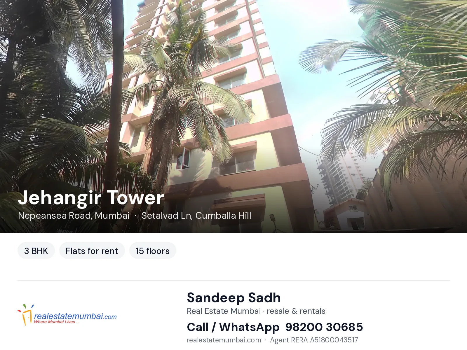 Jehangir Tower, Nepeansea Road, Mumbai — 3 BHK flats for rent | Real Estate Mumbai, Sandeep Sadh 98200 30685