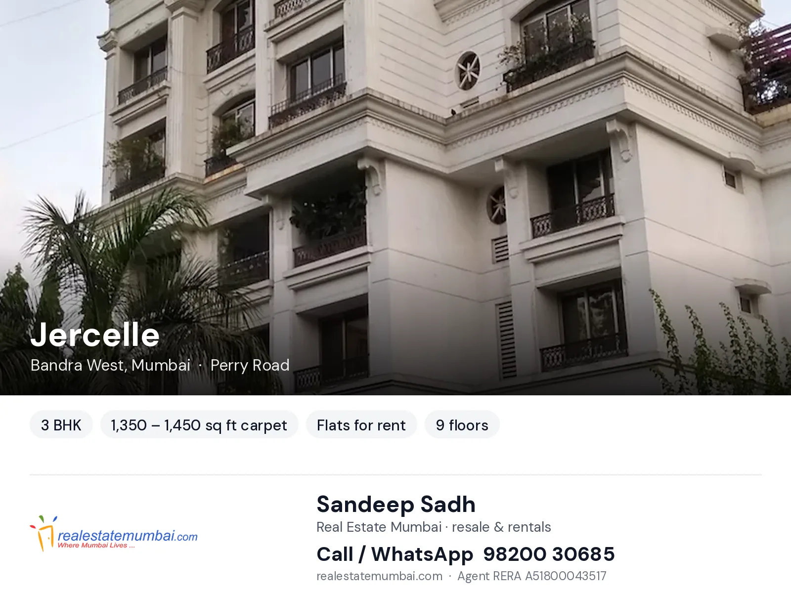 Jercelle, Bandra West, Mumbai — 3 BHK flats for rent | Real Estate Mumbai, Sandeep Sadh 98200 30685