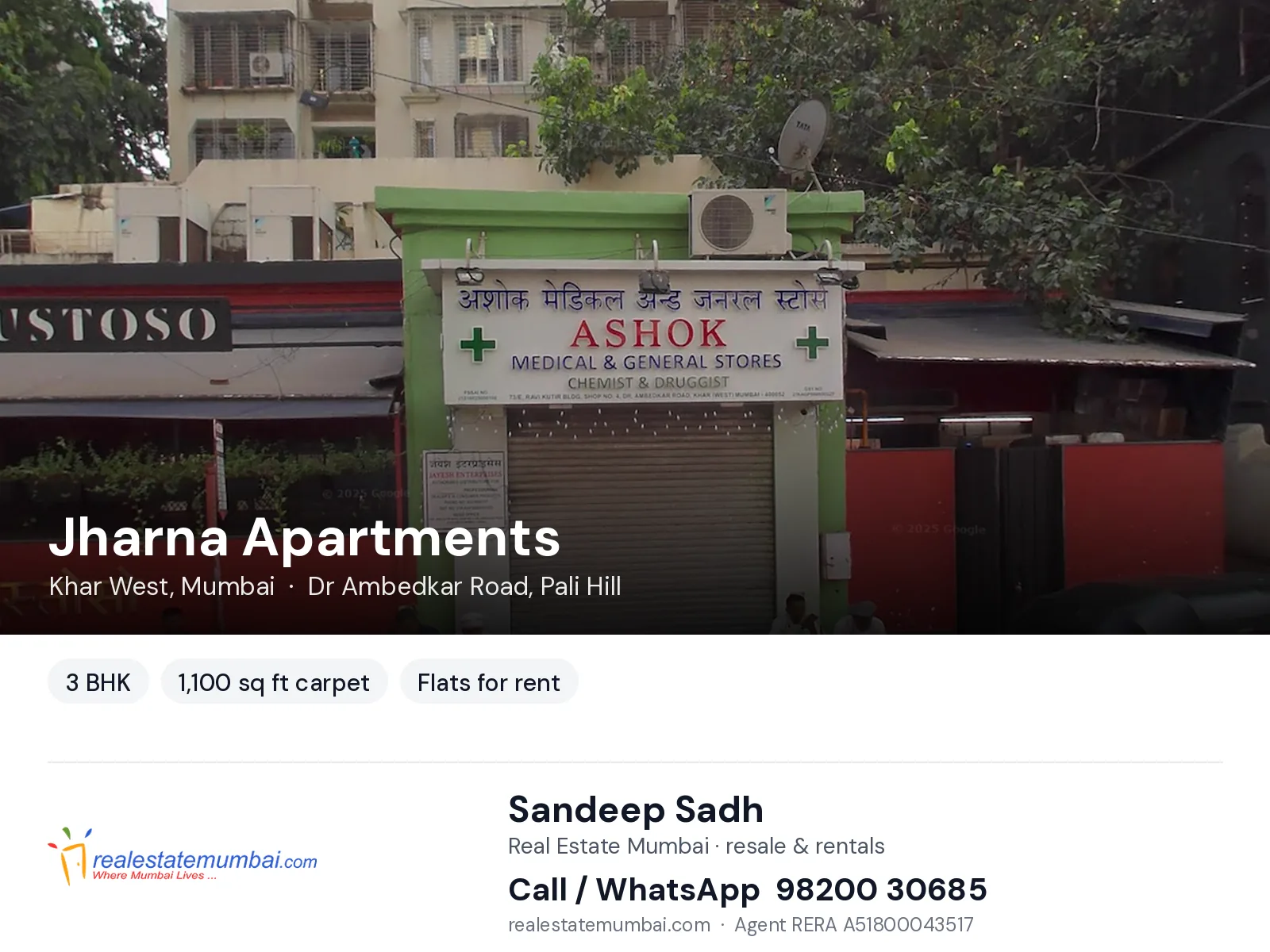 Jharna Apartments, Khar West, Mumbai — 3 BHK flats for rent | Real Estate Mumbai, Sandeep Sadh 98200 30685