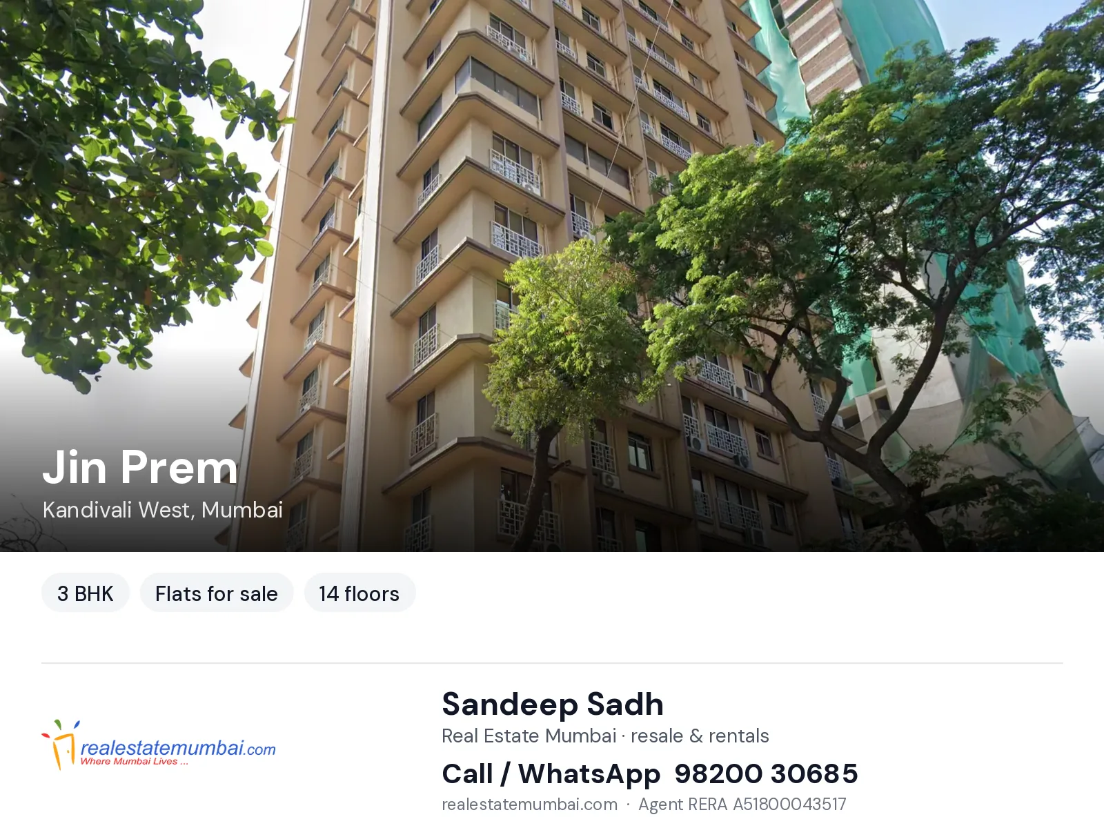 Jin Prem, Kandivali West, Mumbai — 3 BHK flats for sale | Real Estate Mumbai, Sandeep Sadh 98200 30685