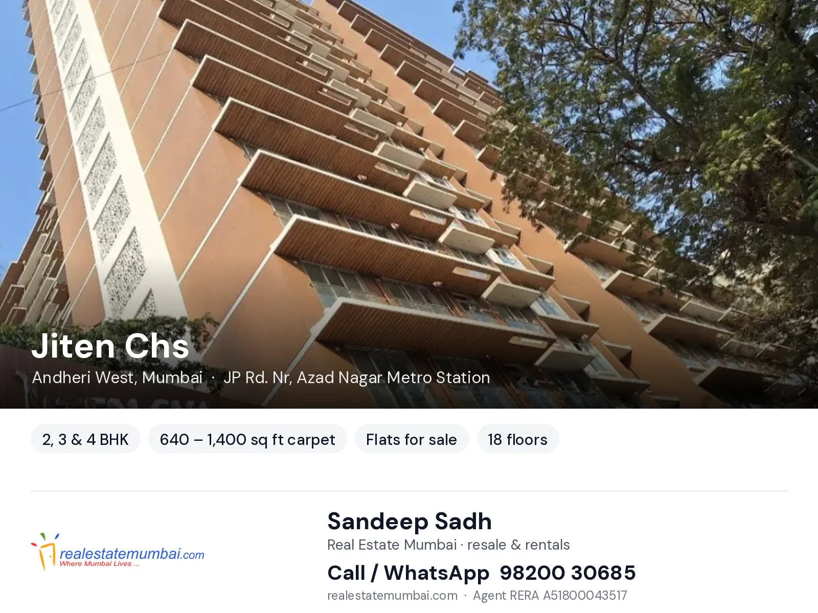 Jiten Chs, Andheri West, Mumbai — 2, 3 & 4 BHK flats for sale | Real Estate Mumbai, Sandeep Sadh 98200 30685