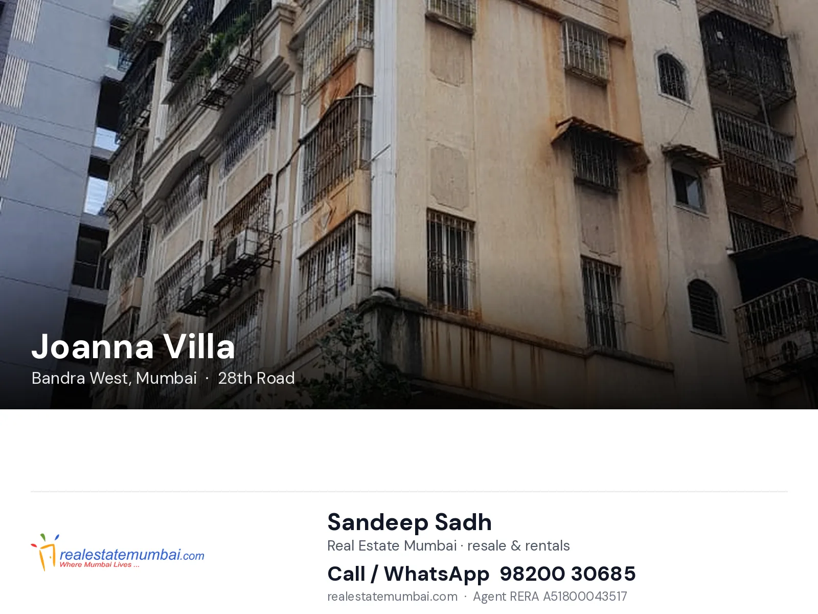 Joanna Villa, Bandra West, Mumbai — flats | Real Estate Mumbai, Sandeep Sadh 98200 30685