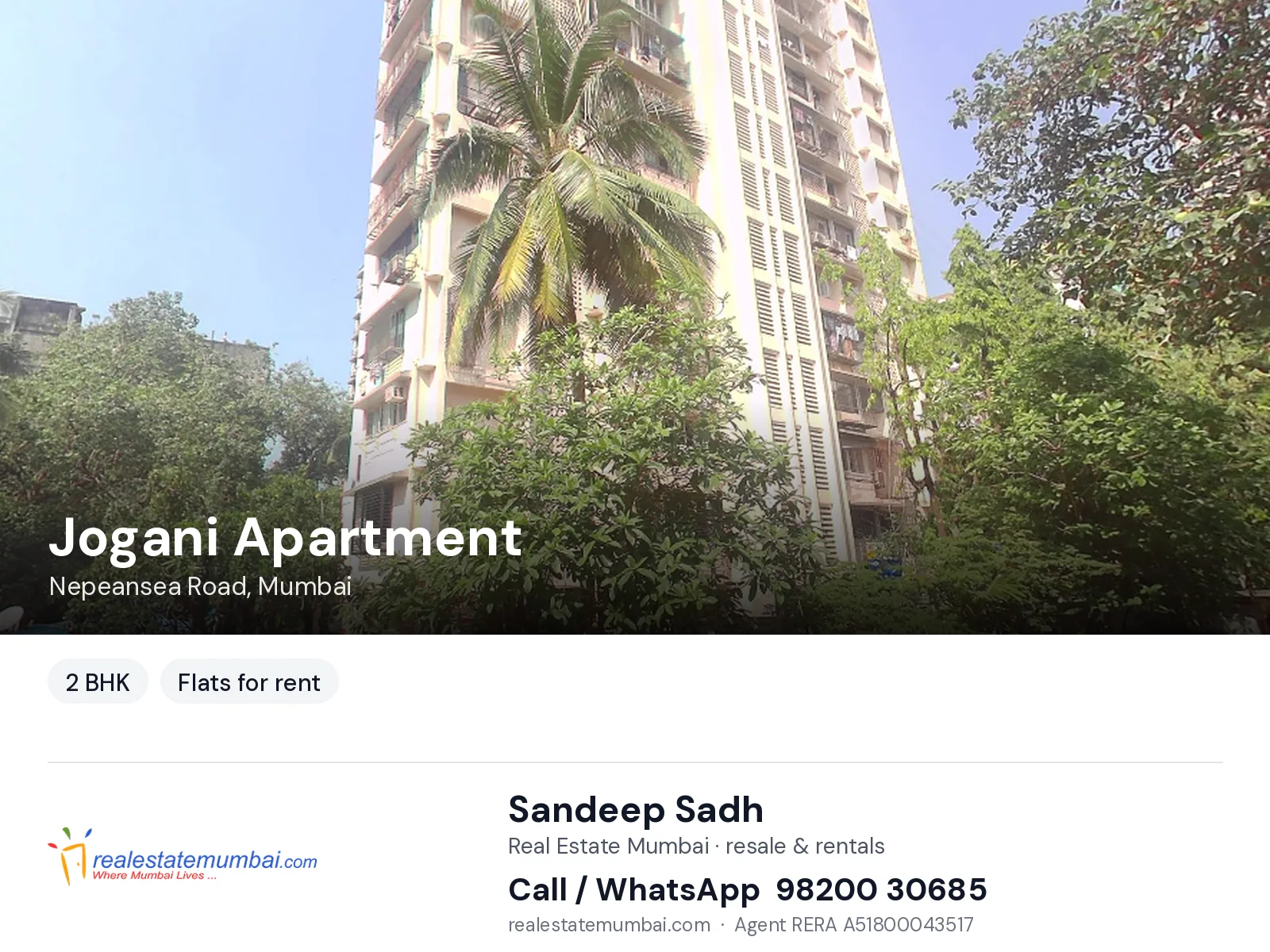 Jogani Apartment, Nepeansea Road, Mumbai — 2 BHK flats for rent | Real Estate Mumbai, Sandeep Sadh 98200 30685