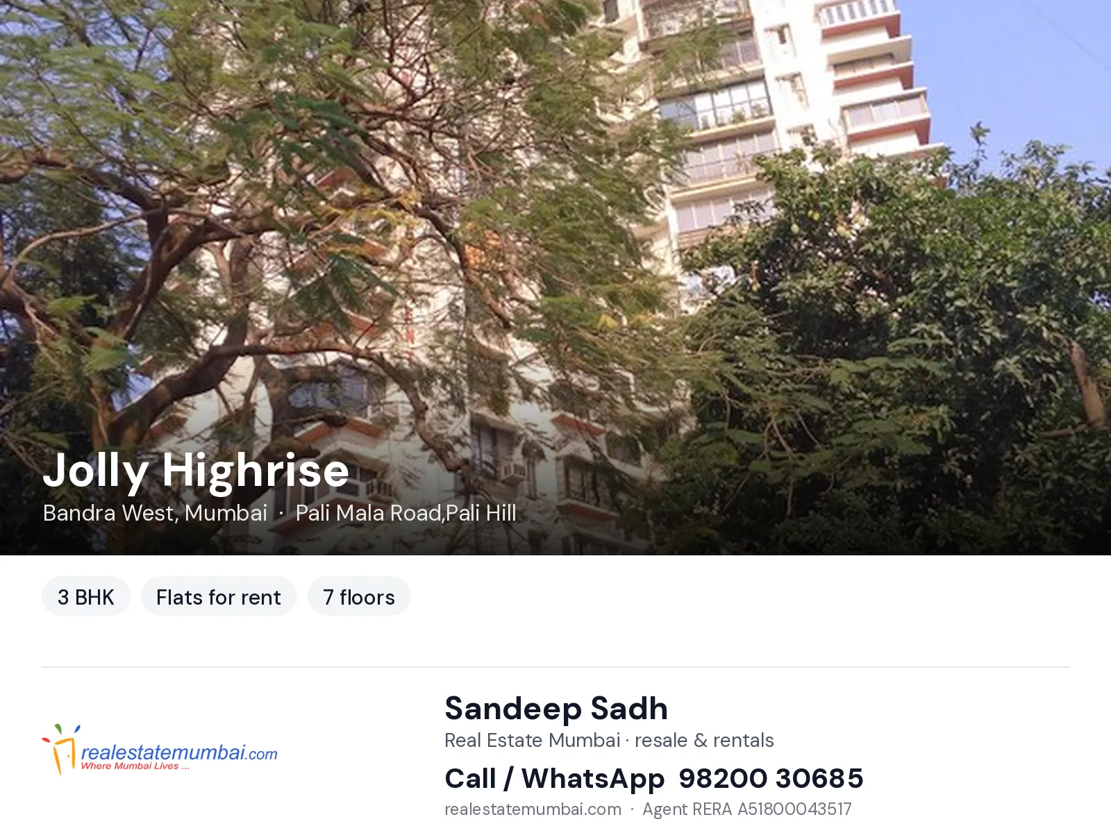 Jolly Highrise, Bandra West, Mumbai — 3 BHK flats for rent | Real Estate Mumbai, Sandeep Sadh 98200 30685