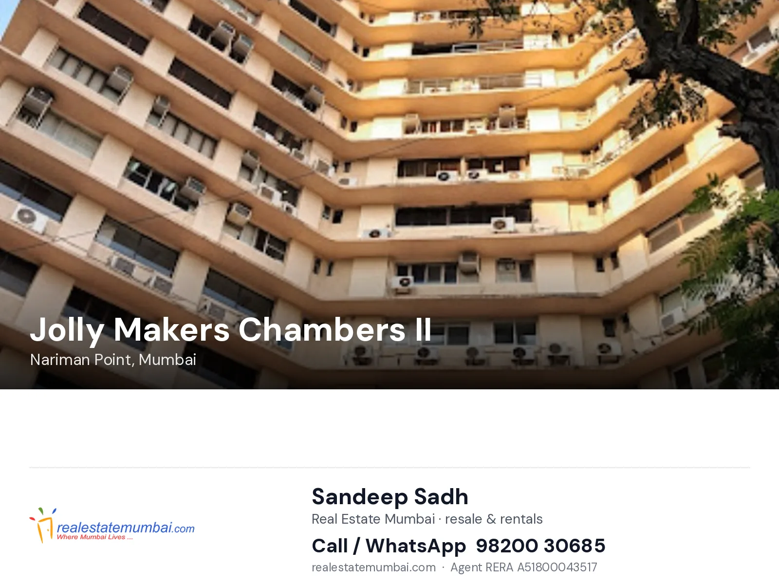 Jolly Makers Chambers II, Nariman Point, Mumbai — flats | Real Estate Mumbai, Sandeep Sadh 98200 30685