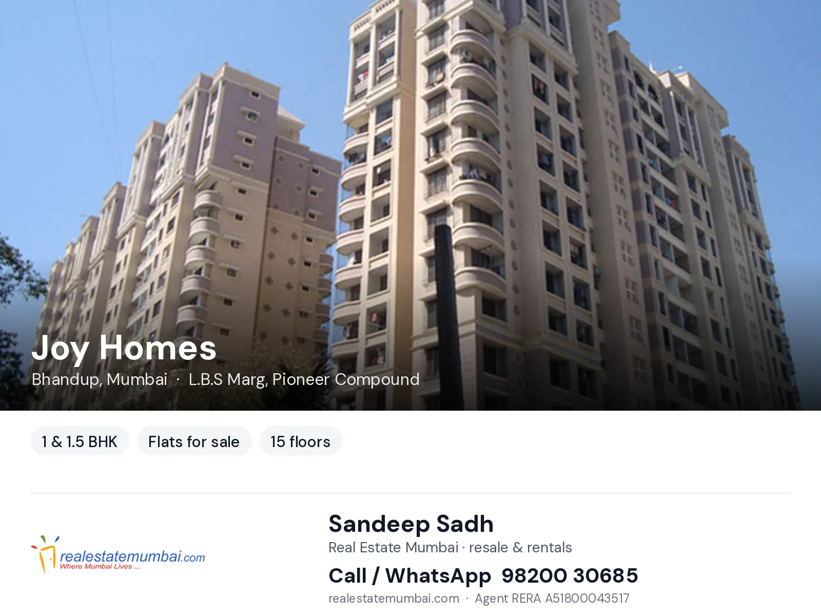 Joy Homes, Bhandup, Mumbai — 1 & 1.5 BHK flats for sale | Real Estate Mumbai, Sandeep Sadh 98200 30685