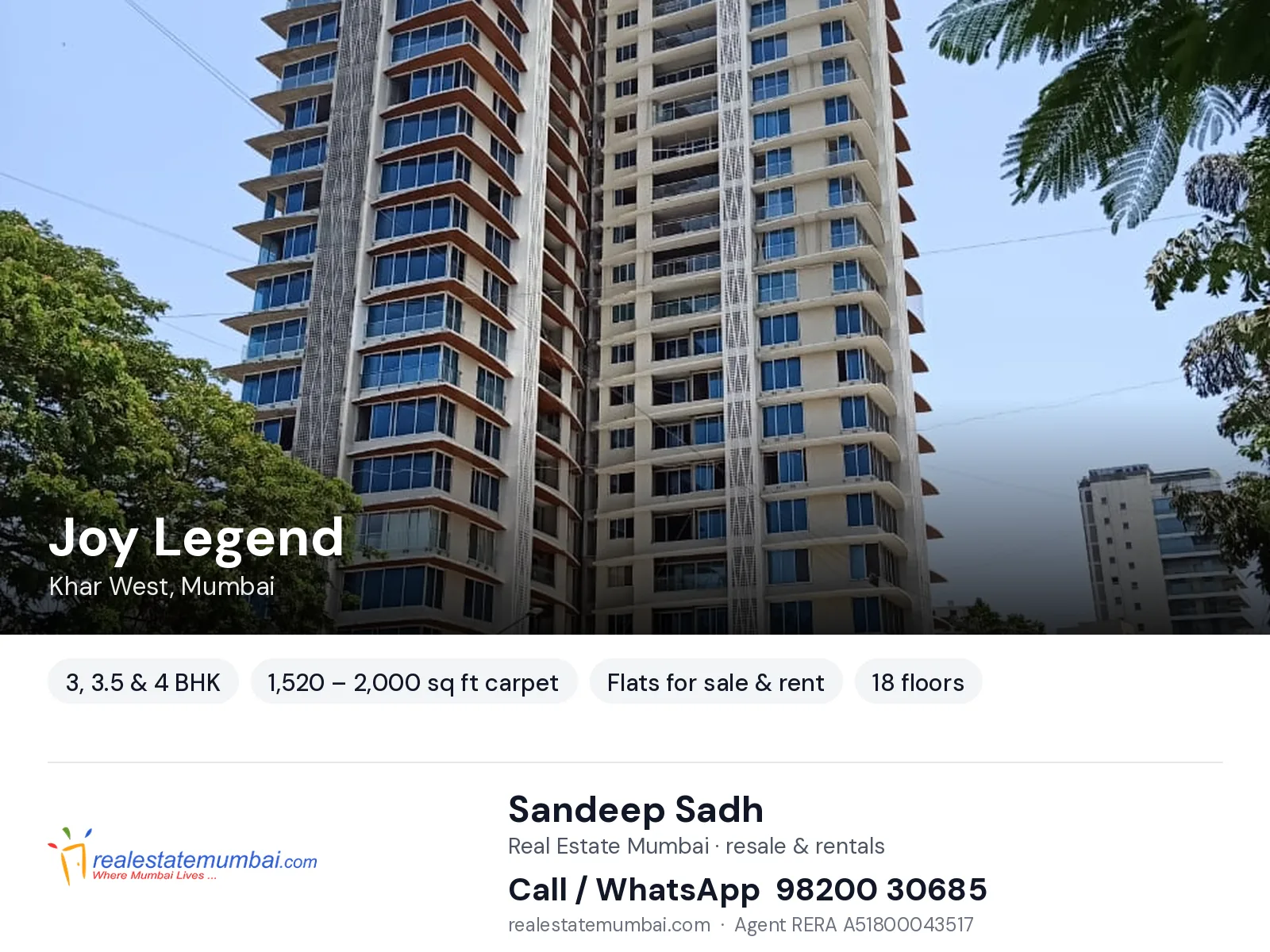 Joy Legend, Khar West, Mumbai — 3, 3.5 & 4 BHK flats for sale & rent | Real Estate Mumbai, Sandeep Sadh 98200 30685
